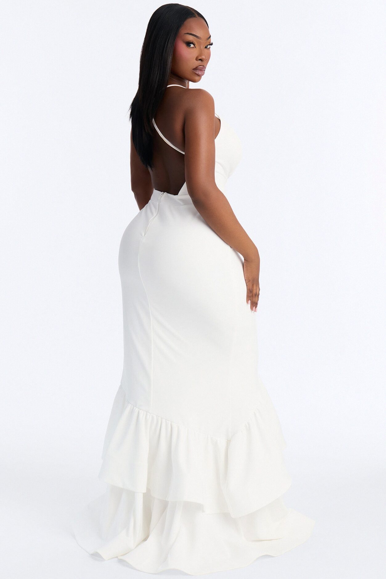Selene Deep Neckline Ruffle Gown - Ivory
