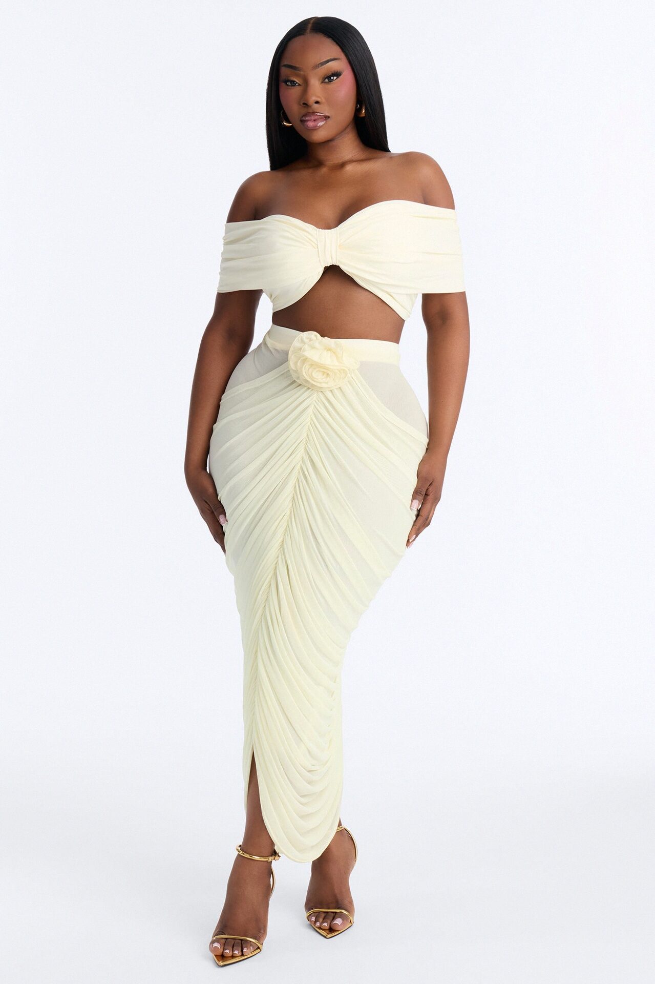 Lilah Rosette Ruched Mesh Midi Skirt - Butter Yellow