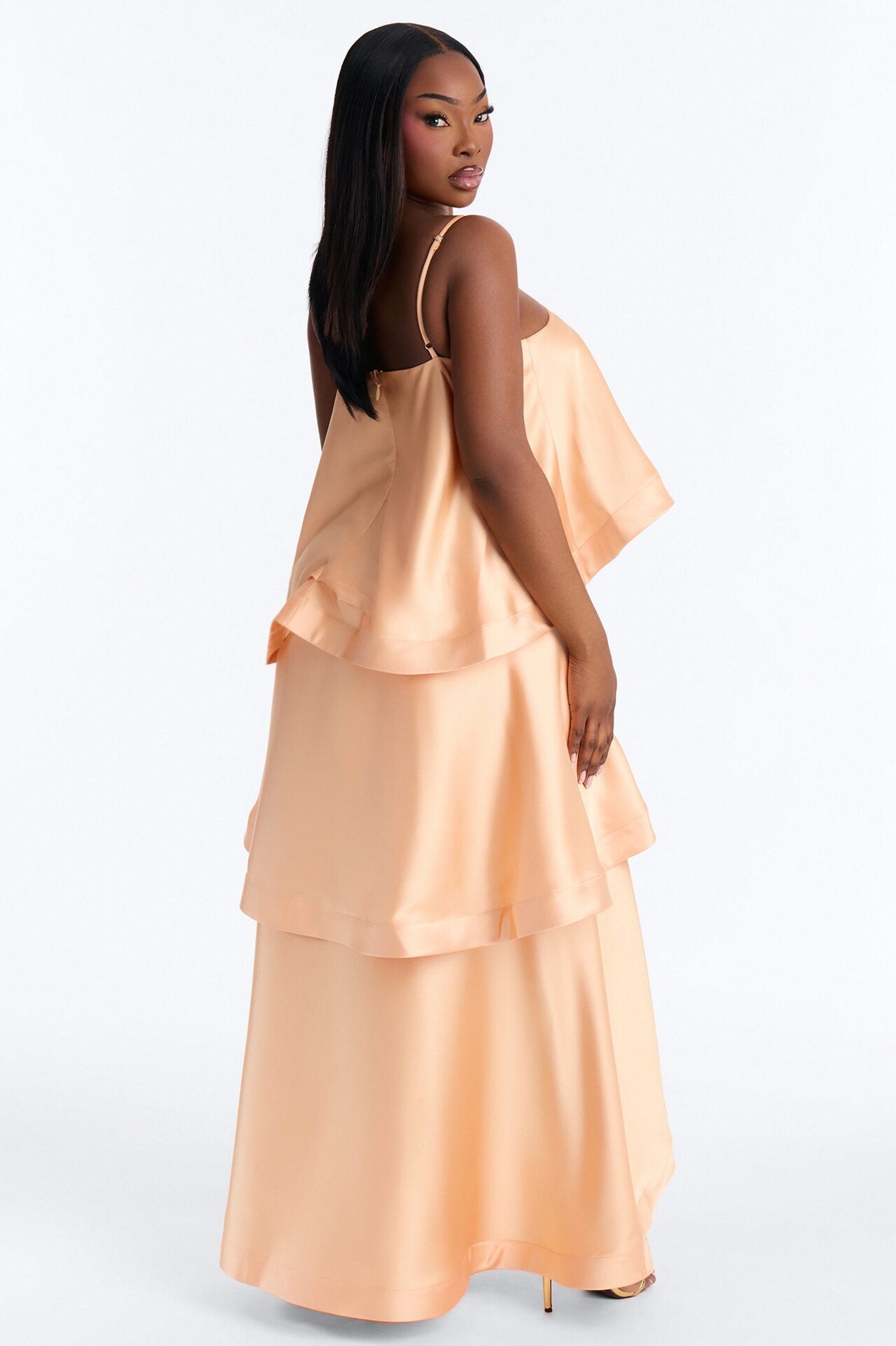 Rowen Tiered Satin Gown - Peach