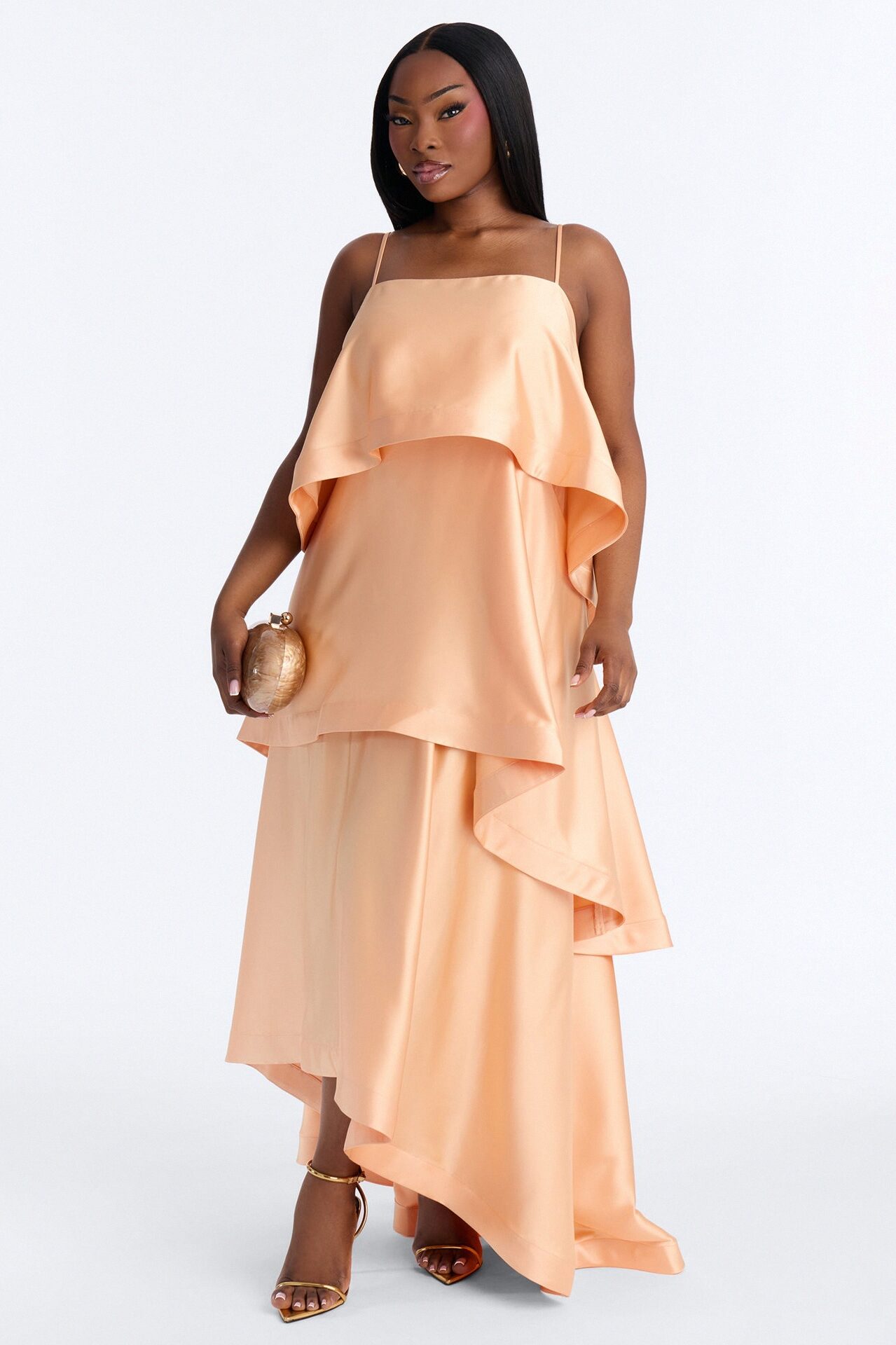 Rowen Tiered Satin Gown - Peach