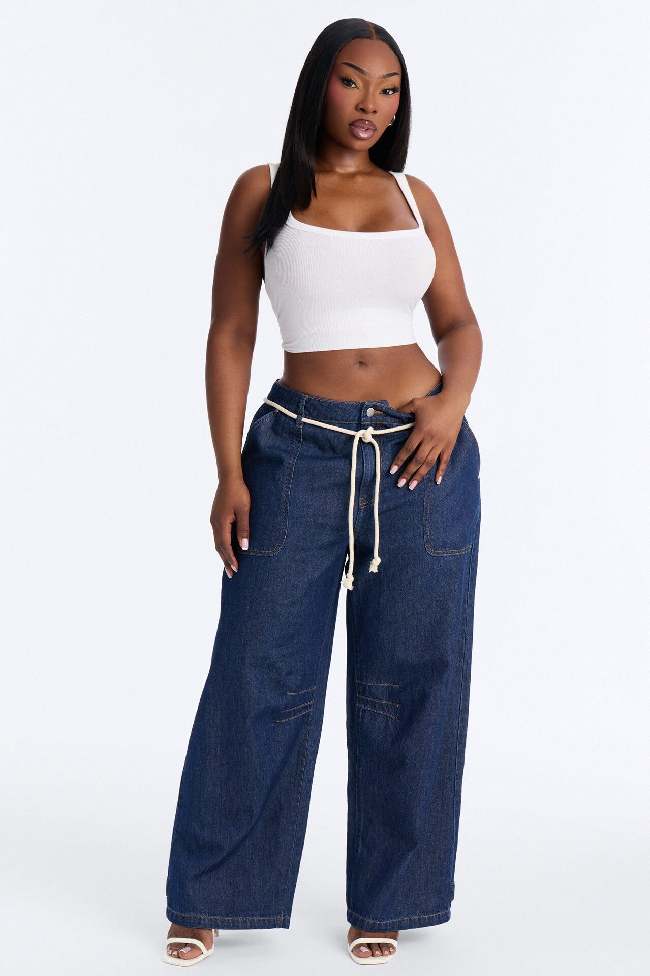 Nonchalant Drapey Tie Waist Jeans - Dark Denim