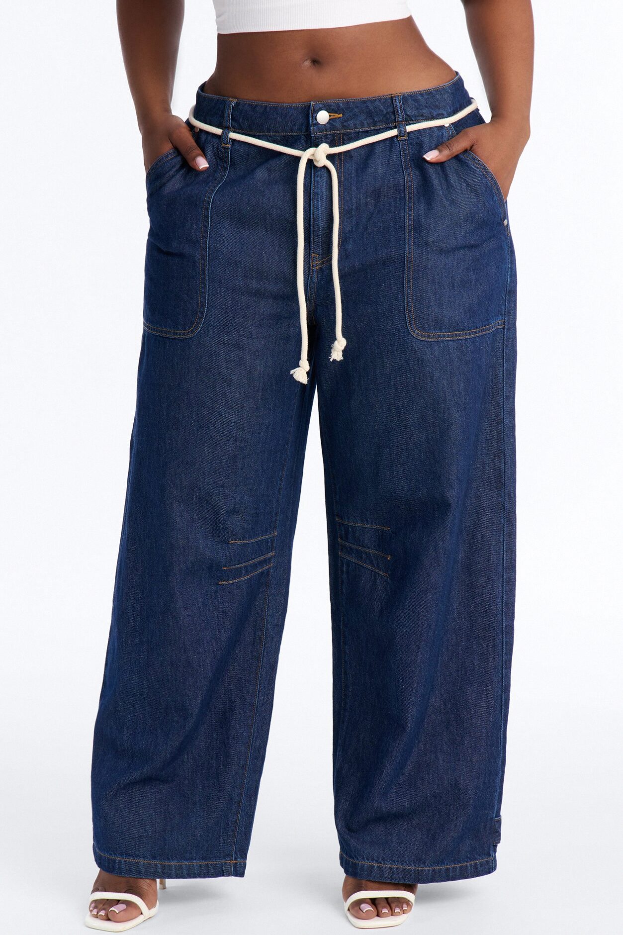 Nonchalant Drapey Tie Waist Jeans - Dark Denim