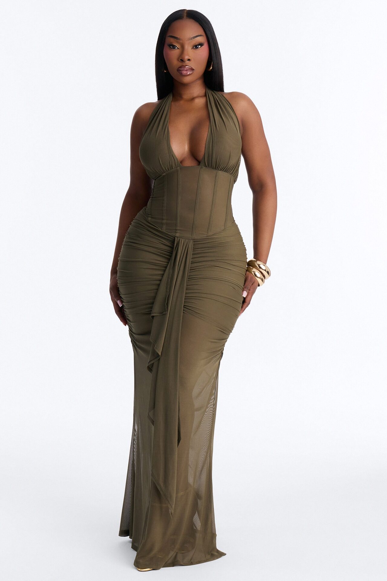 Mecca Mesh Halter Maxi Dress - Olive