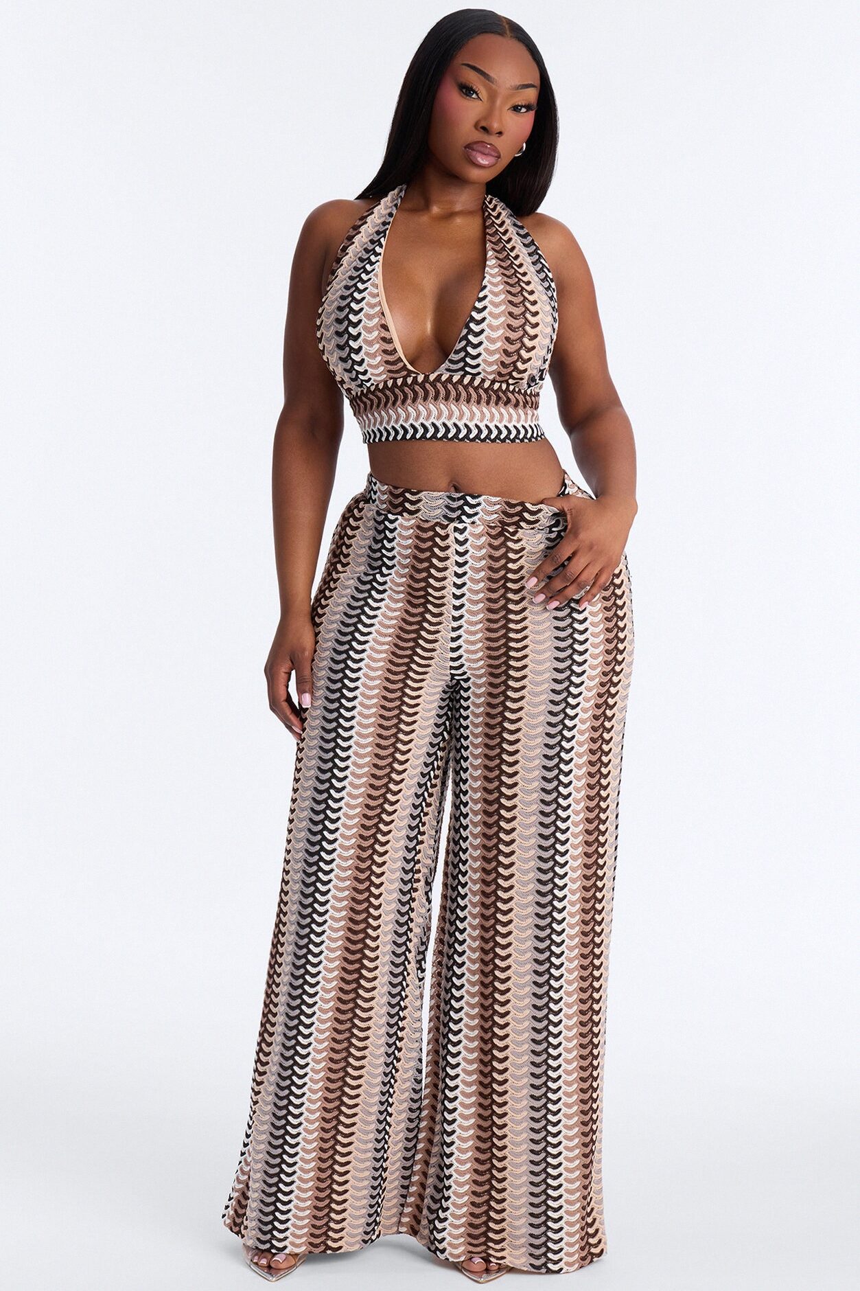 Tori Crochet Pant Set - Brown/combo