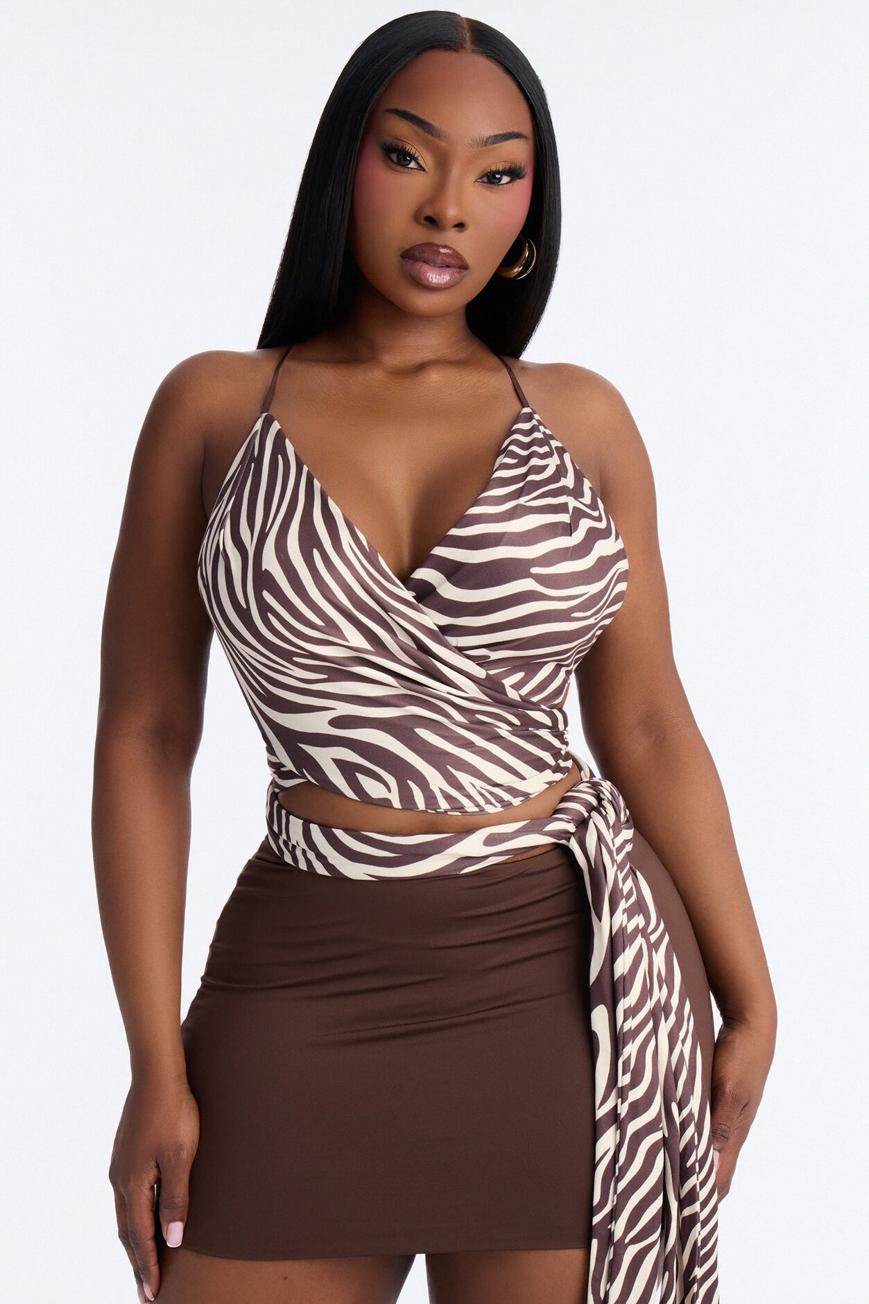 Savannah Zebra Tie Waist Tank Top - Brown/combo