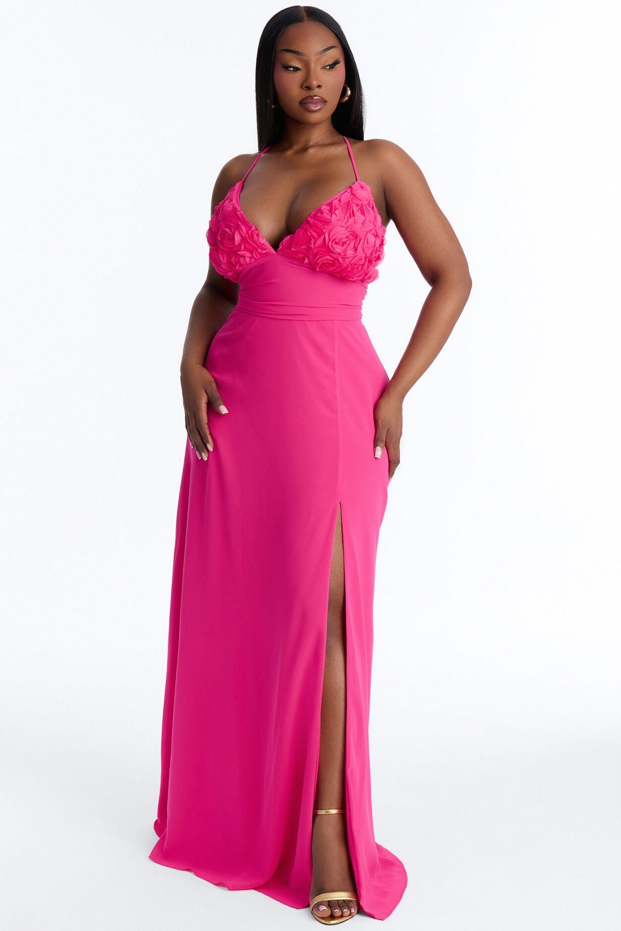 Pretty In Petals Chiffon Gown - Hot Pink