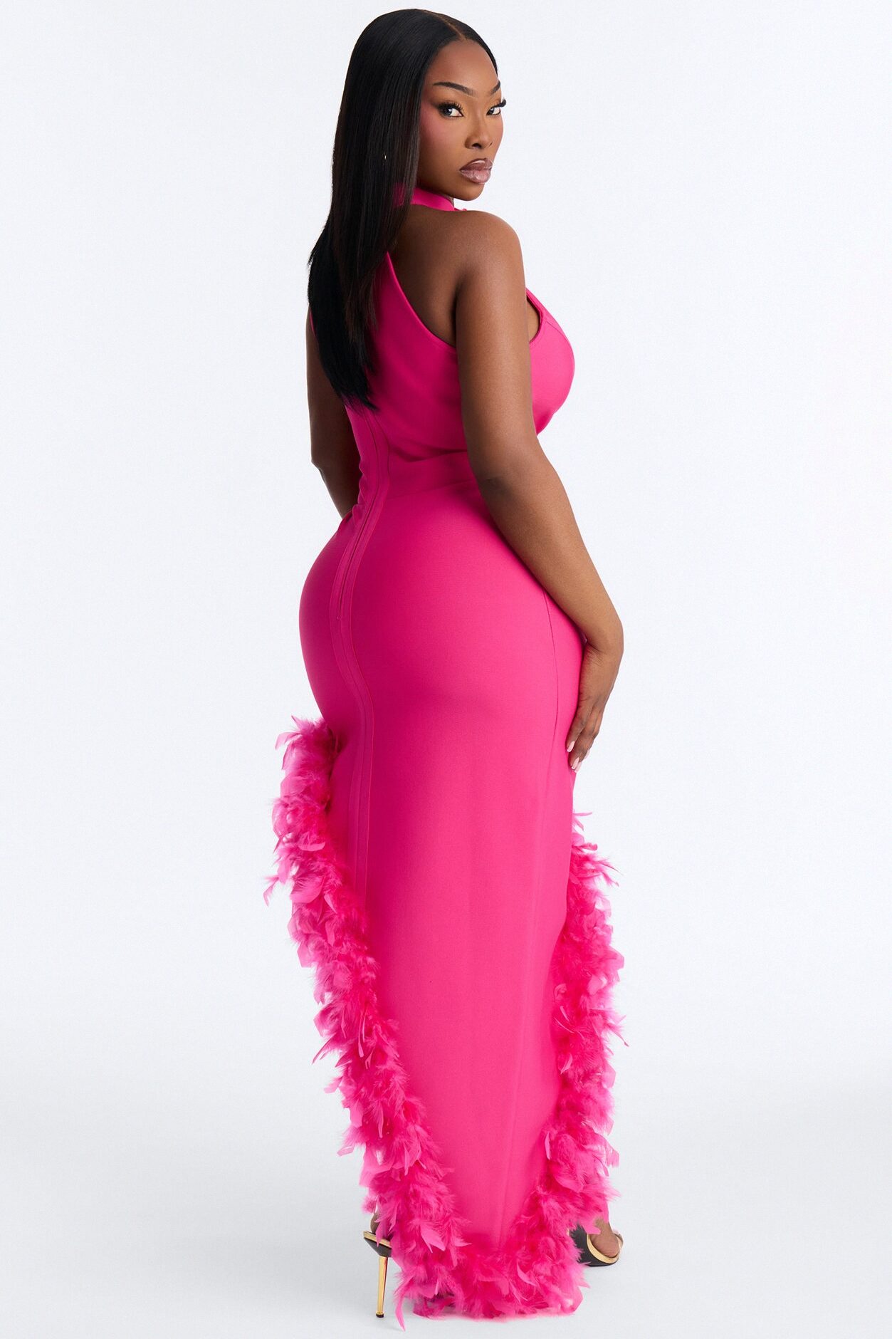 Jorgie Feathered Bandage Gown - Hot Pink