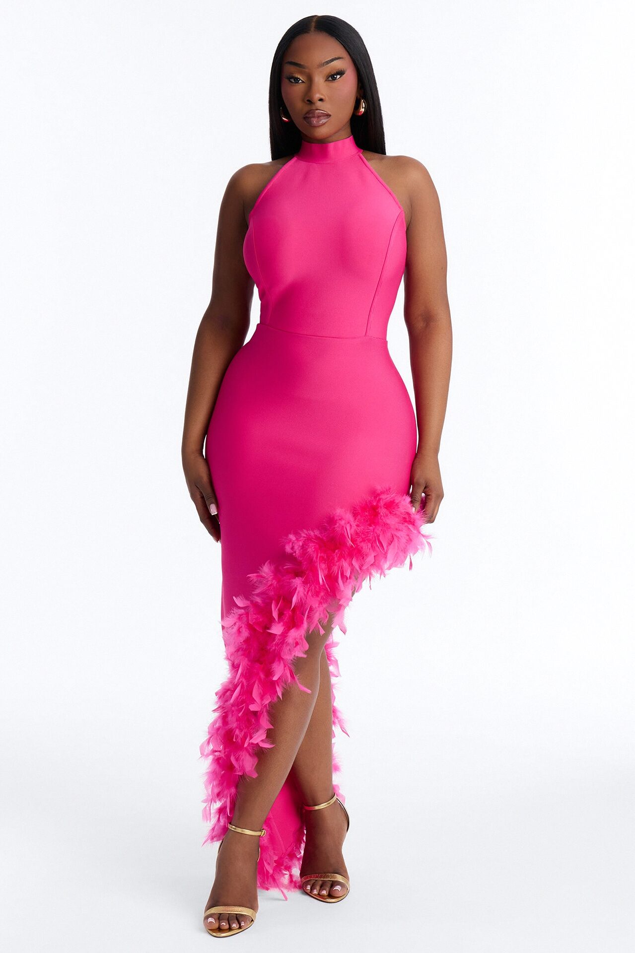 Jorgie Feathered Bandage Gown - Hot Pink