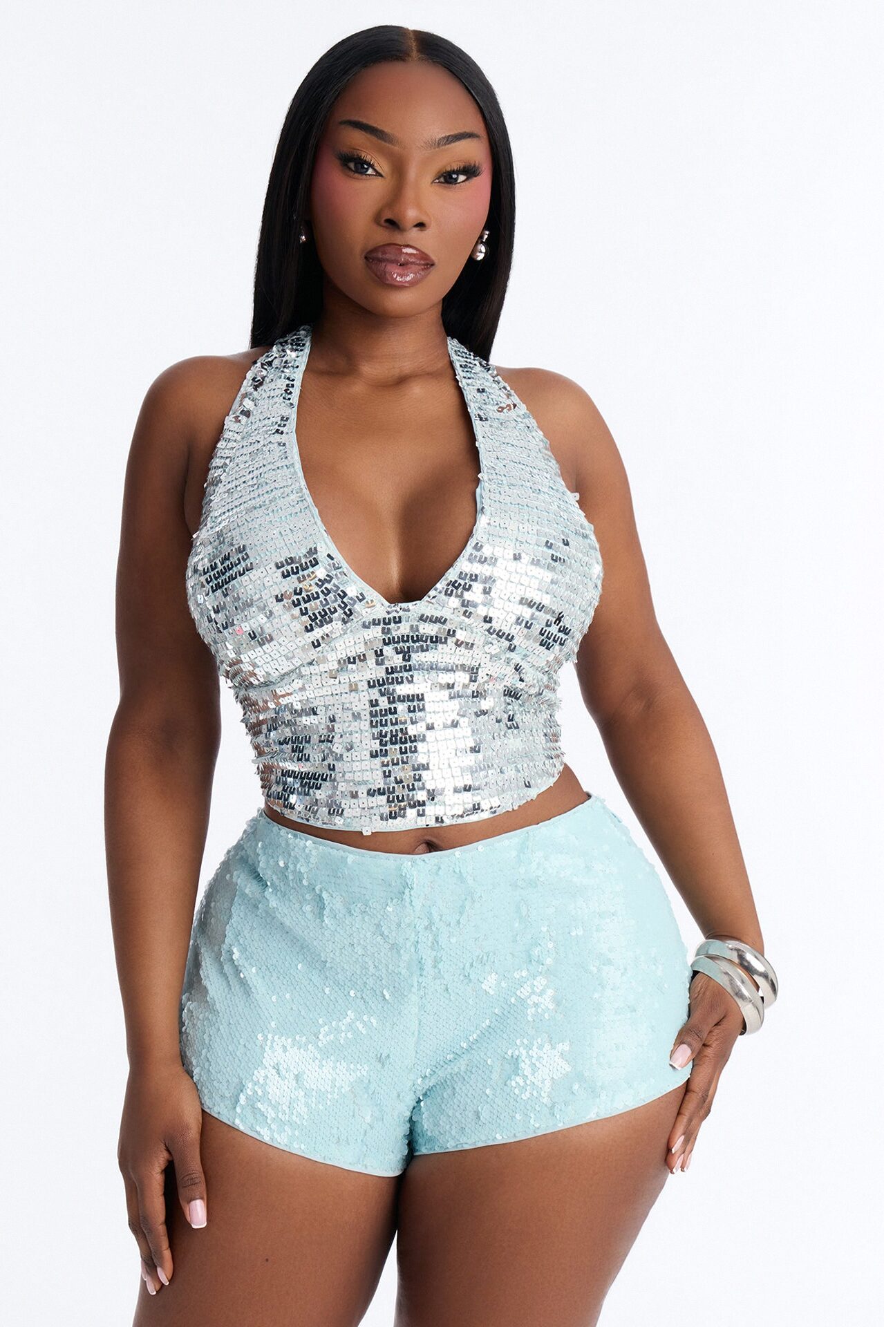 Kona Island Sequin Lace Up Halter Top - Blue