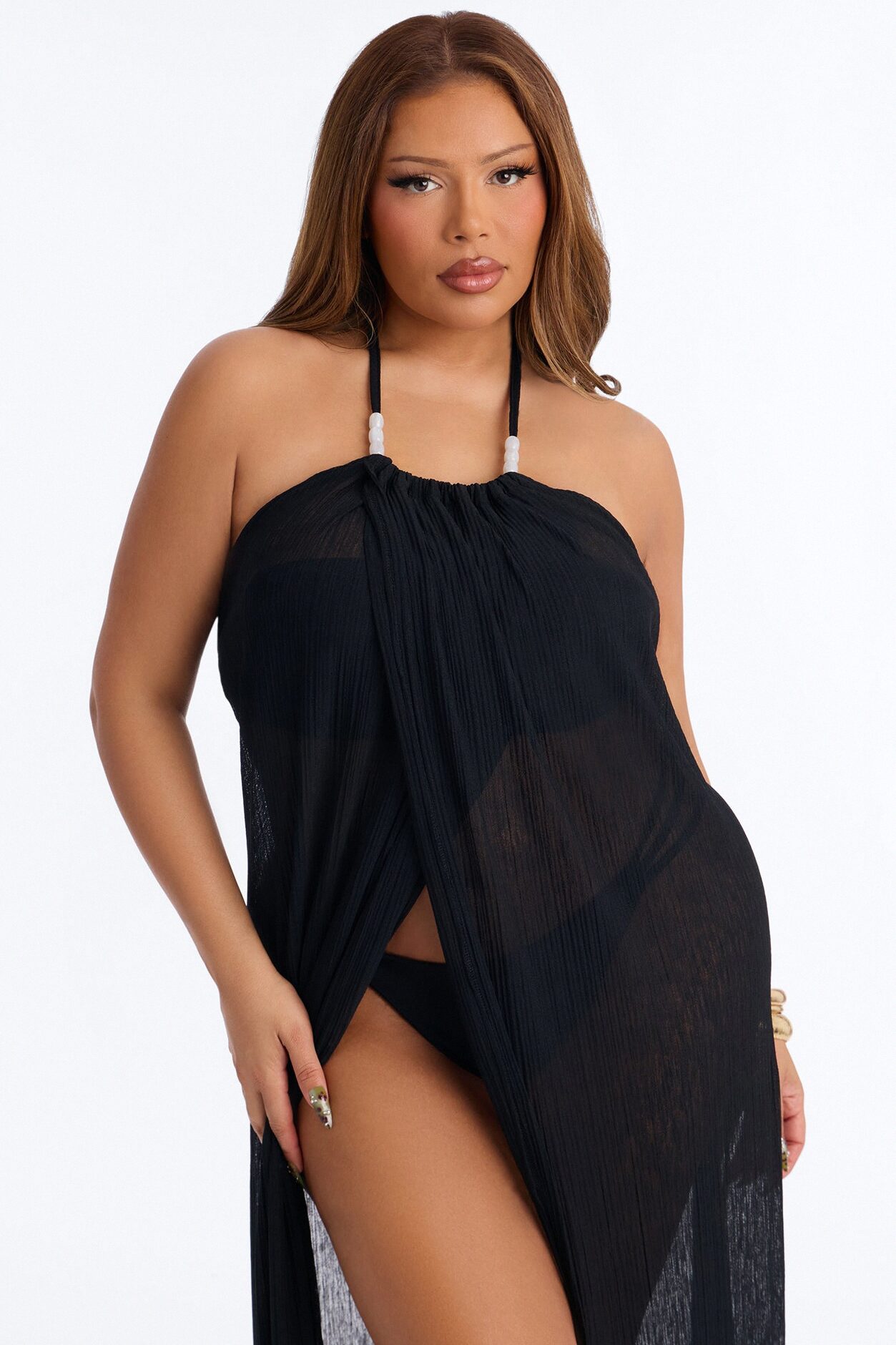 Summer Breeze Plisse Halter Cover Up Maxi Dress - Black