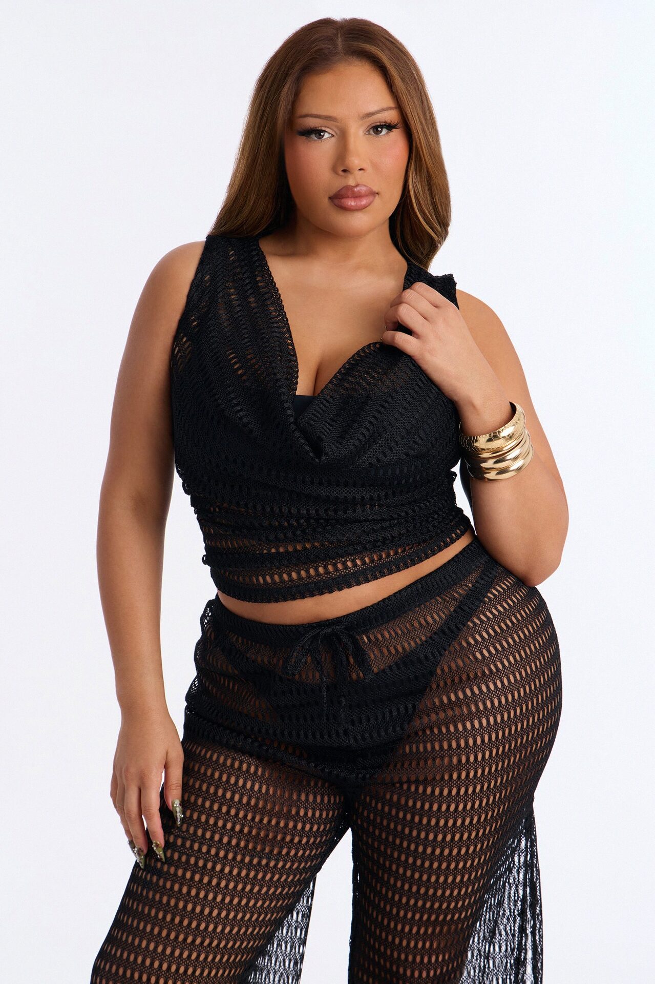 Sunny Shores Metallic Cowl Neck Cover Up Pants Set - Black