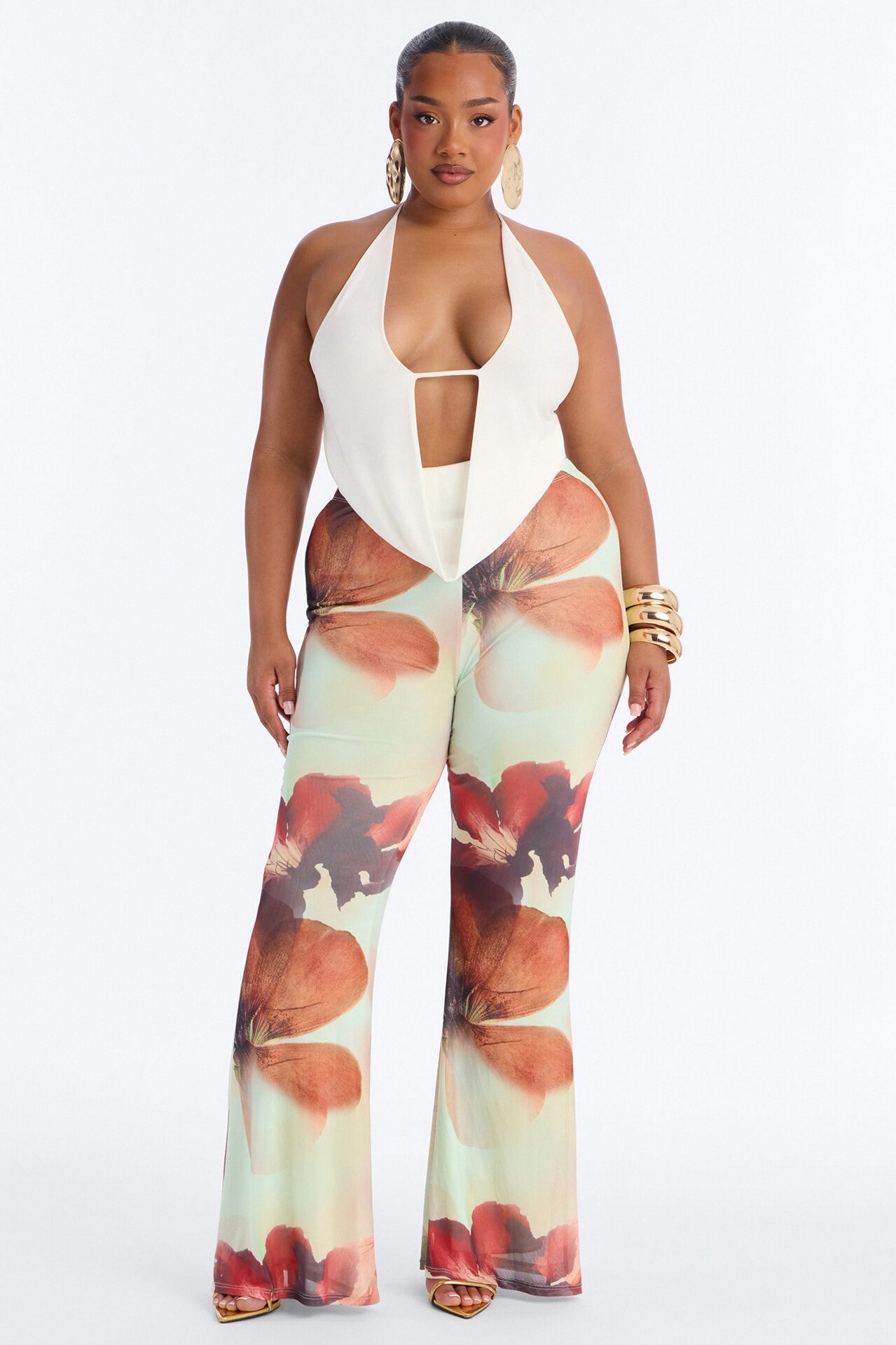 Jordana High Rise Double Lined Mesh Flare Pant - Green/combo