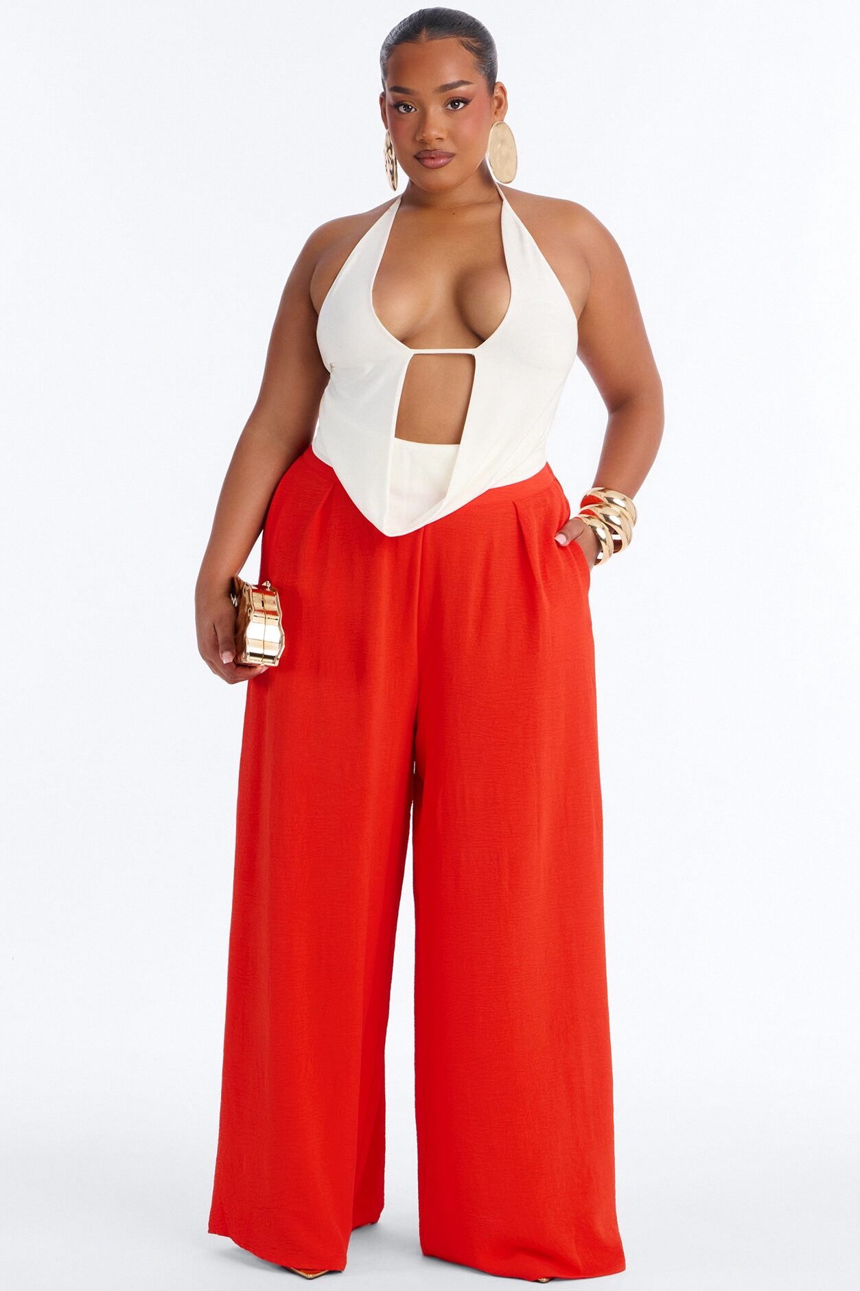 Amiah High Rise Wide Leg Flowy Pant 33″ - Tomato Red