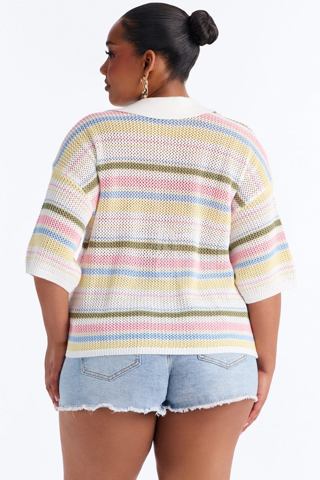 Solvita Striped Button Front Collared Crochet Top - Multi Color