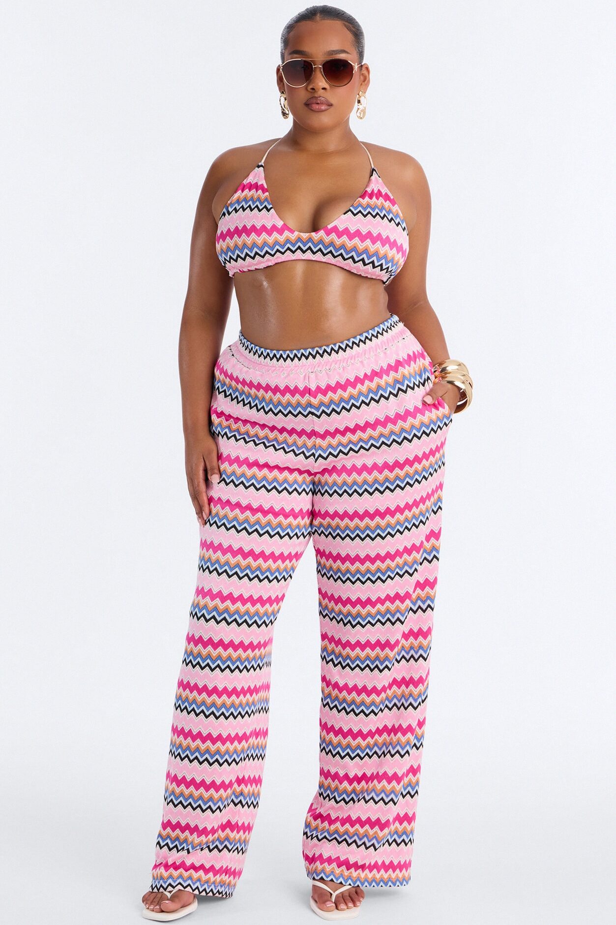 Cabana Crush 3 Piece Crochet Pant Set - Pink/combo