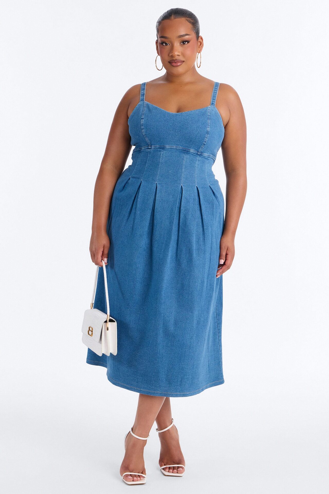 Greta Pleated Denim Midi Dress - Medium Wash