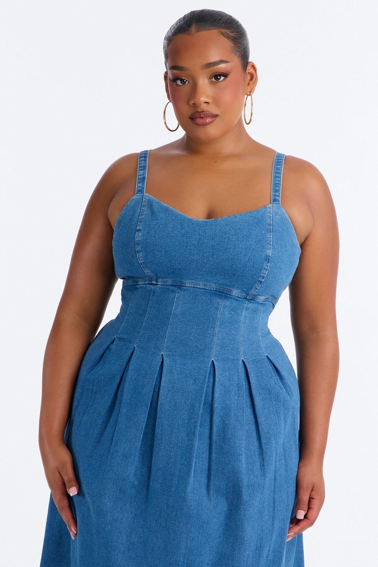 Greta Pleated Denim Midi Dress - Medium Wash