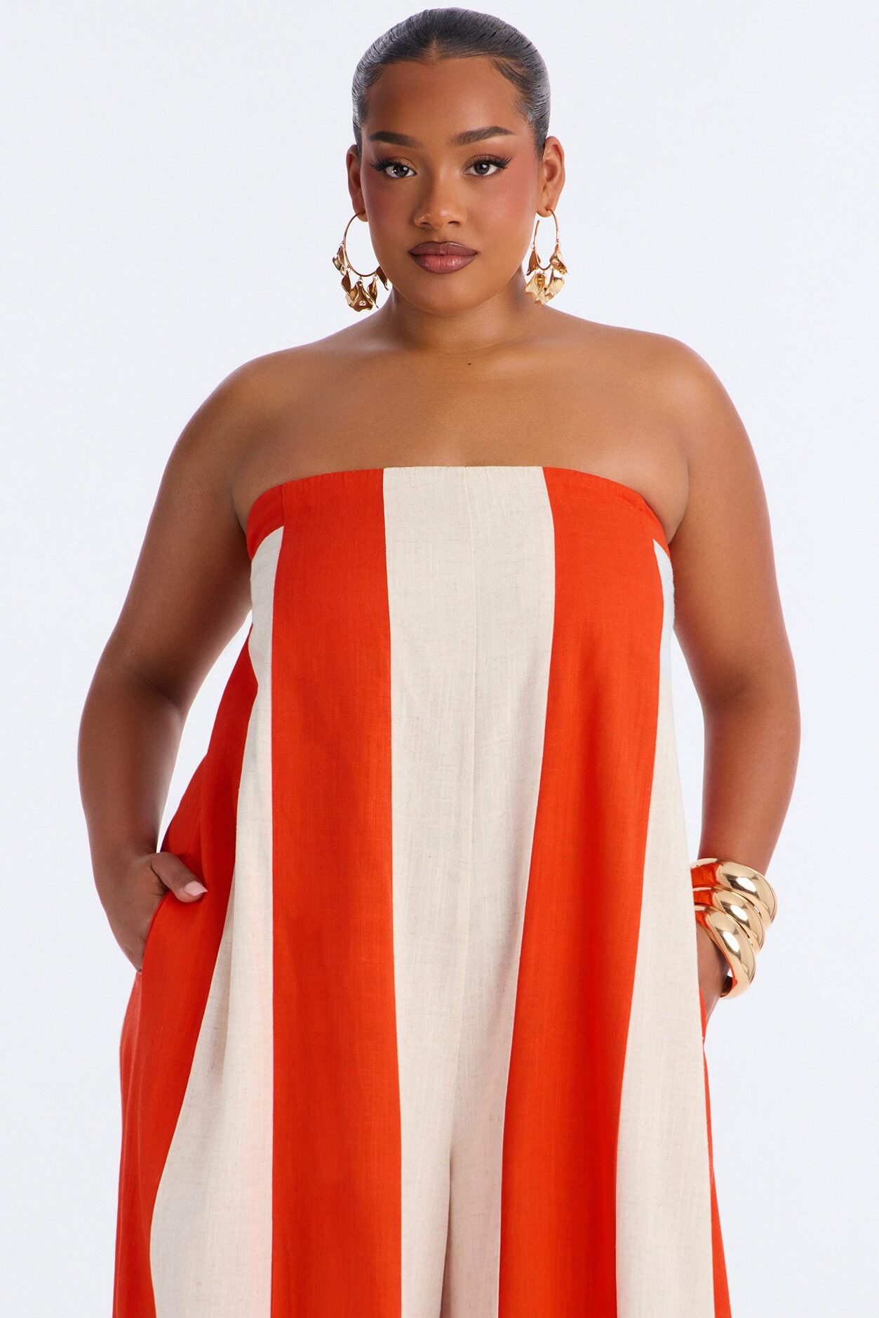 Michelle Striped Strapless Linen Jumpsuit - Orange