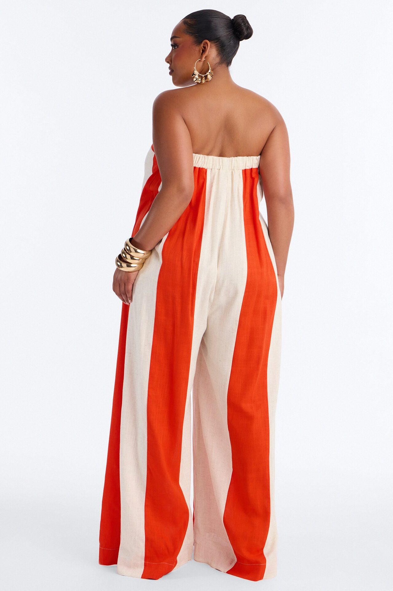 Michelle Striped Strapless Linen Jumpsuit - Orange