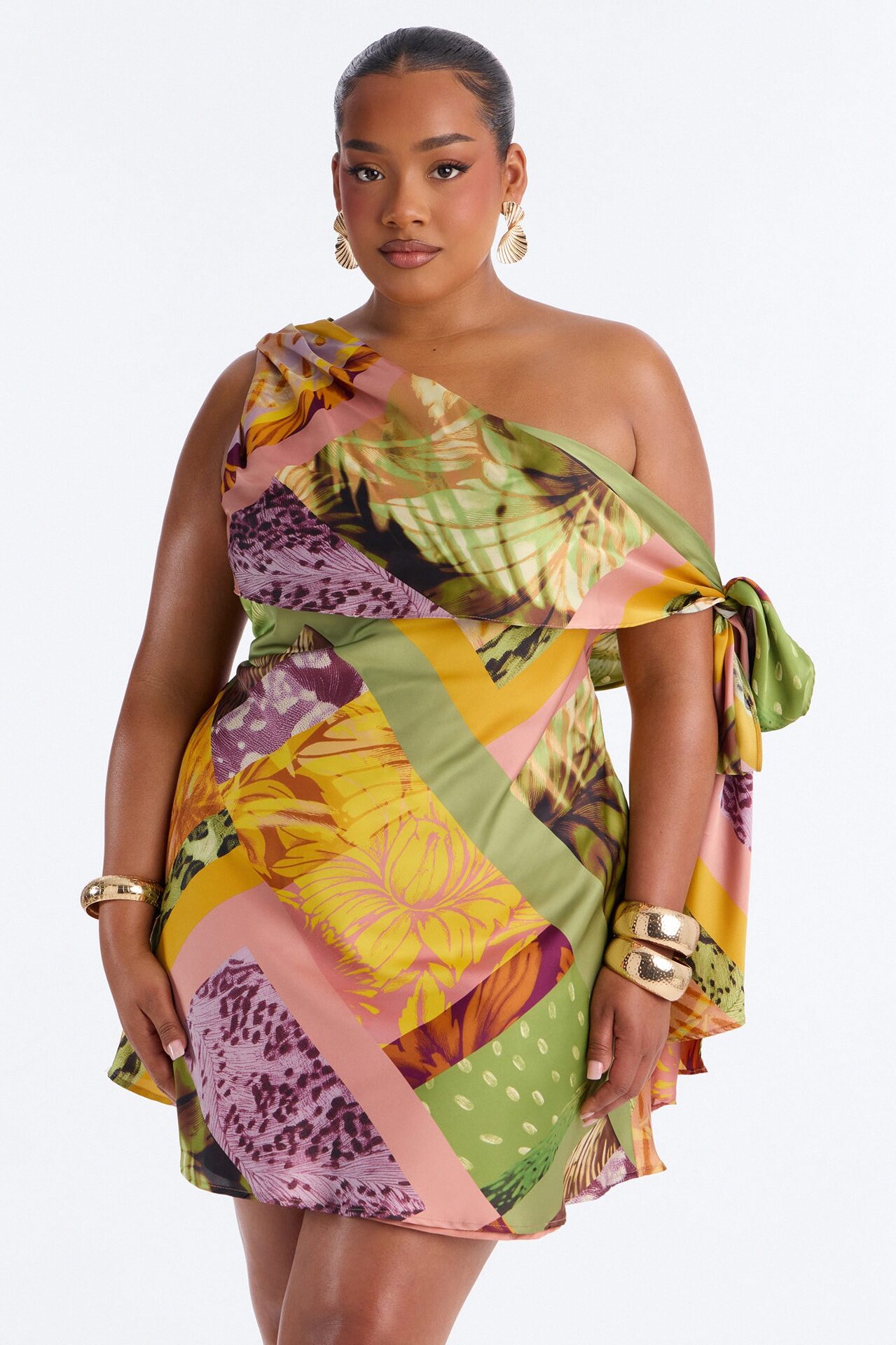 Daydreams Tropical Satin Mini Dress - Yellow/combo