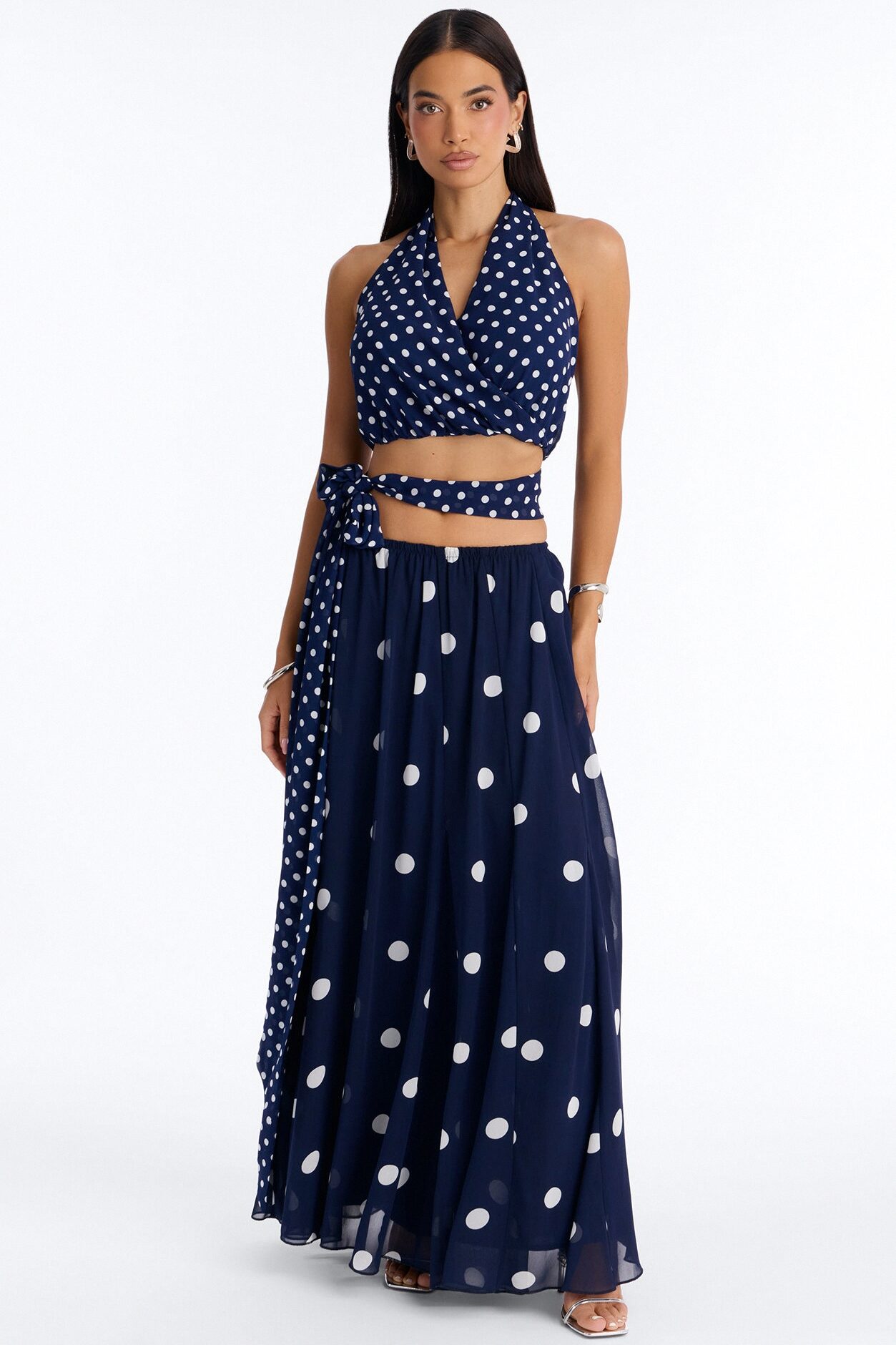 Lucia Chiffon Polka Dot Halter Maxi Skirt Set - Navy