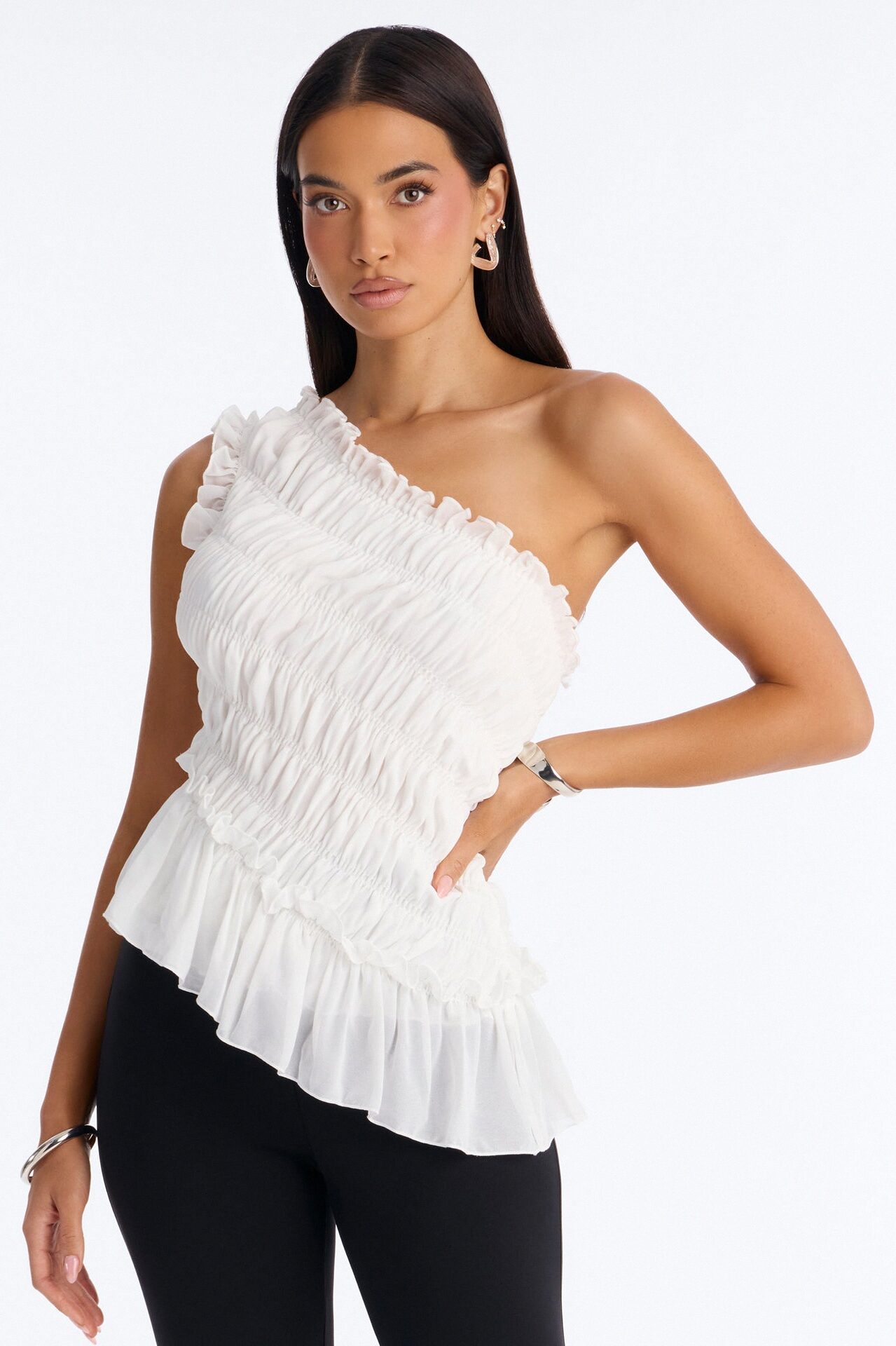 Cutie On Duty One Shoulder Chiffon Ruffle Top - White