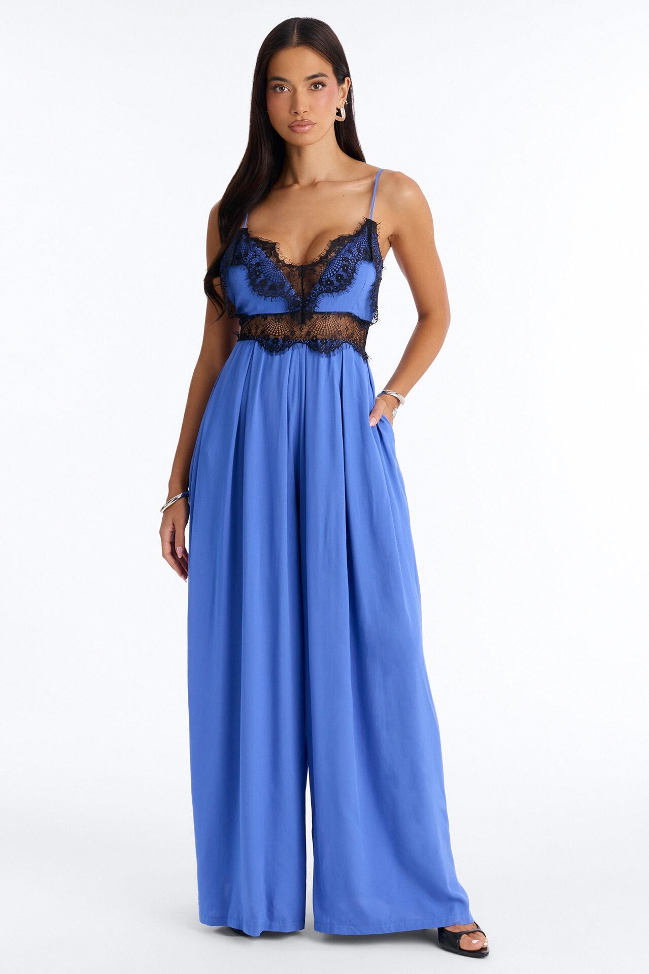 Karmen Lace Trim Wide Leg Jumpsuit - Blue