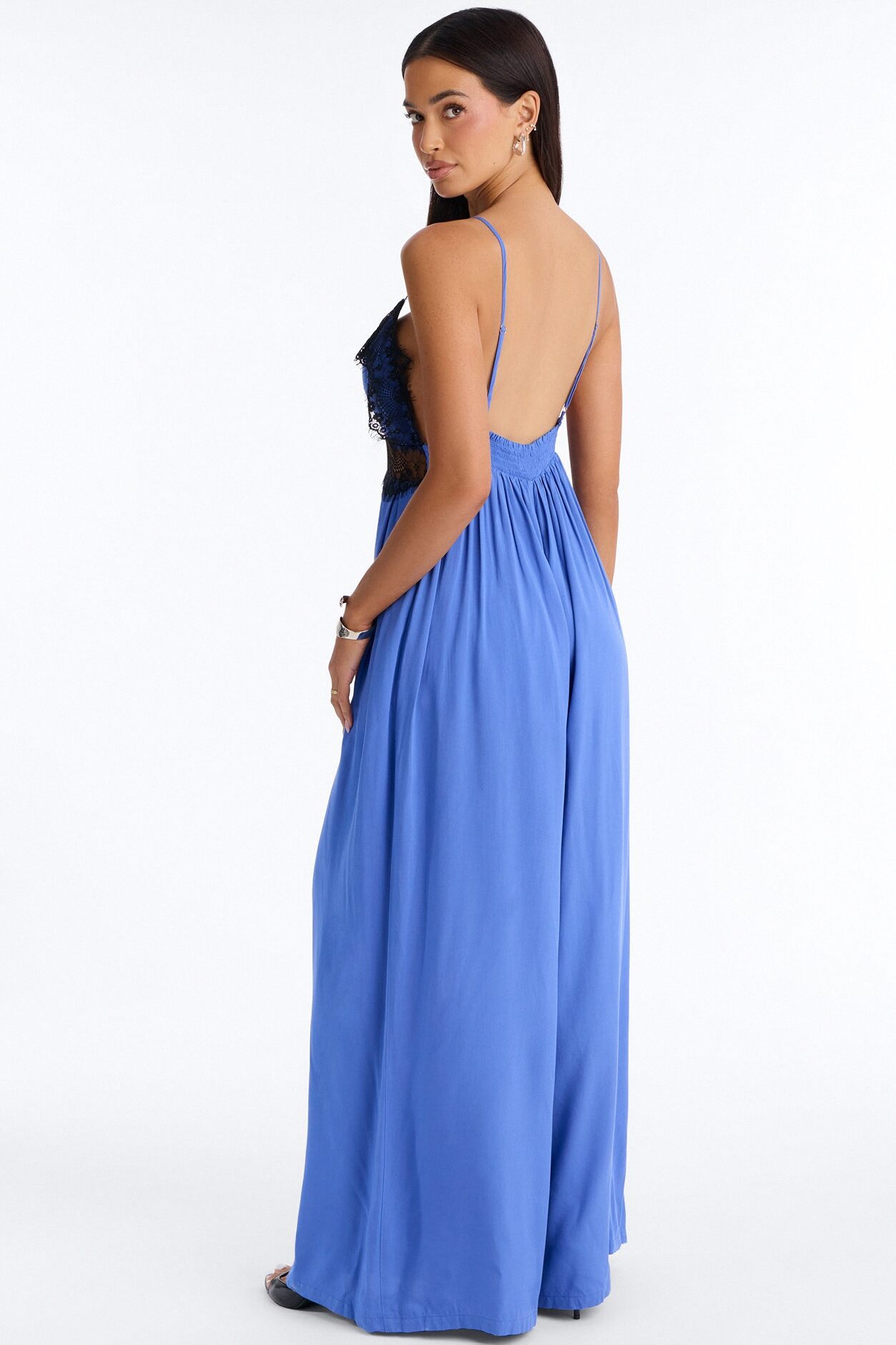 Karmen Lace Trim Wide Leg Jumpsuit - Blue