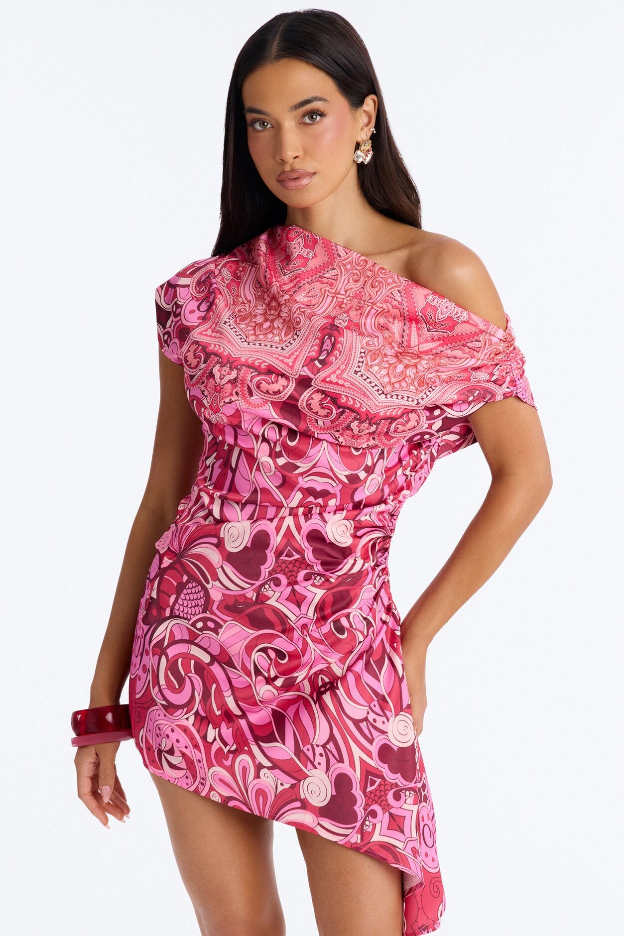 Ariella Asymmetrical Satin Mini Dress - Pink/combo