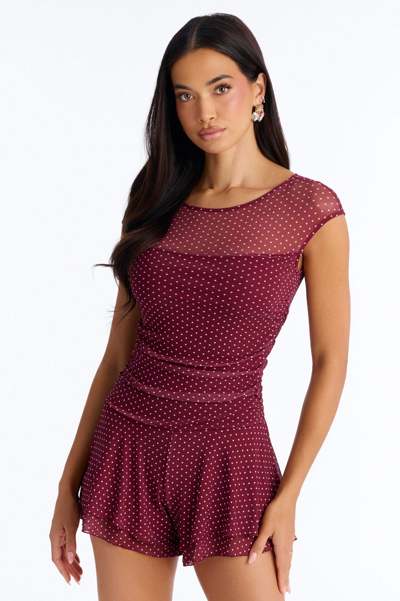 Pretty Little Moment Polka Dot Mesh Rompetr - Wine