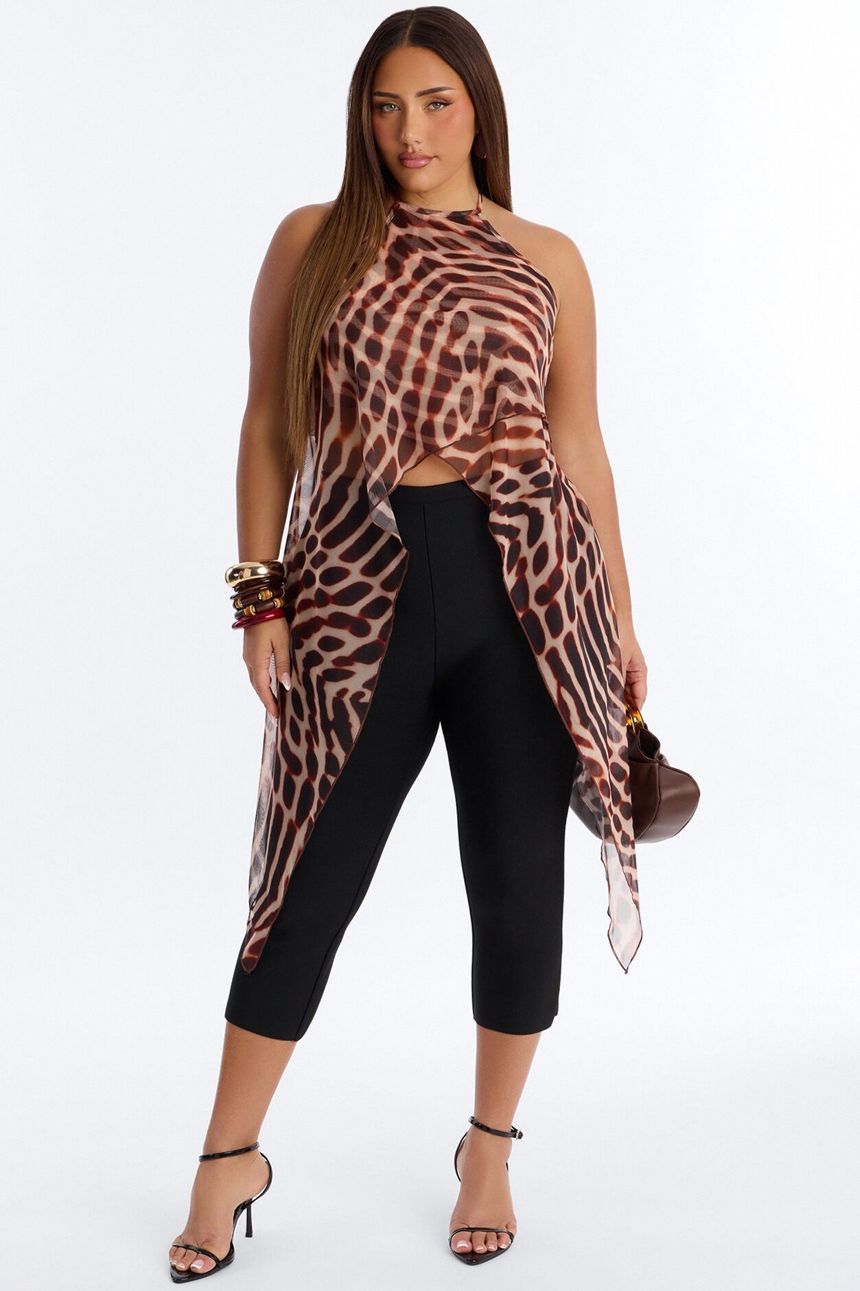 Gabriella Abstract Long Mesh Halter Top - Brown/combo