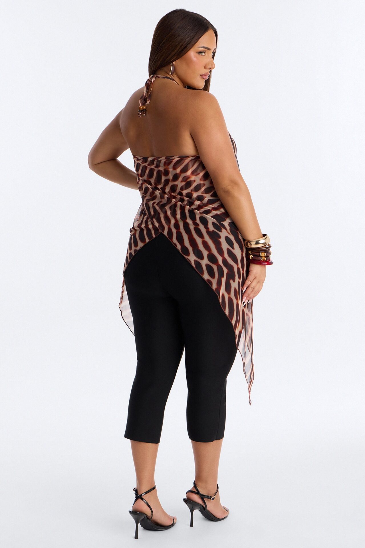 Gabriella Abstract Long Mesh Halter Top - Brown/combo