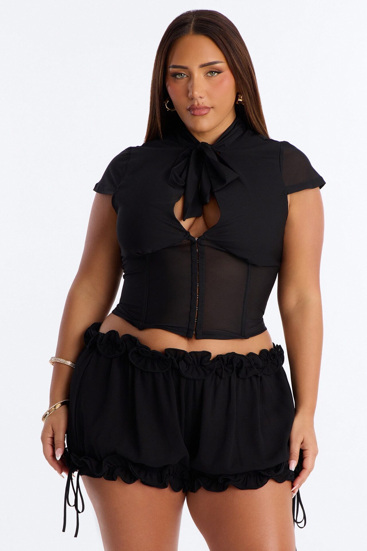 Always A Lady Tie Front Mesh Corset - Black