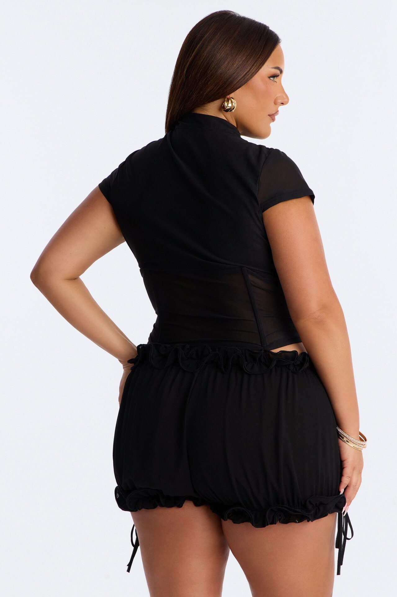 Always A Lady Tie Front Mesh Corset - Black