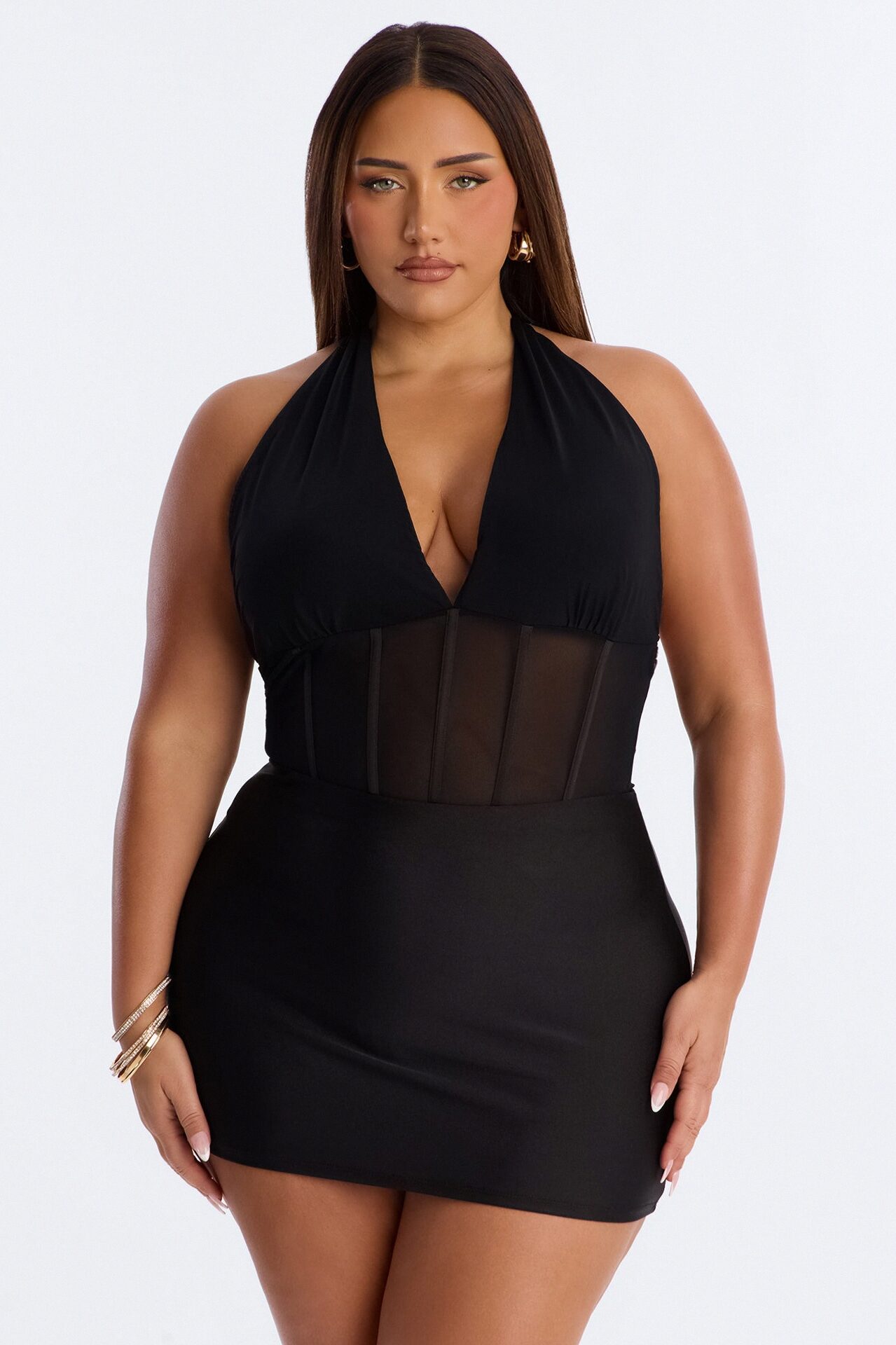 Nightfall Vibe Sheer Corset Waist Bodysuit - Black