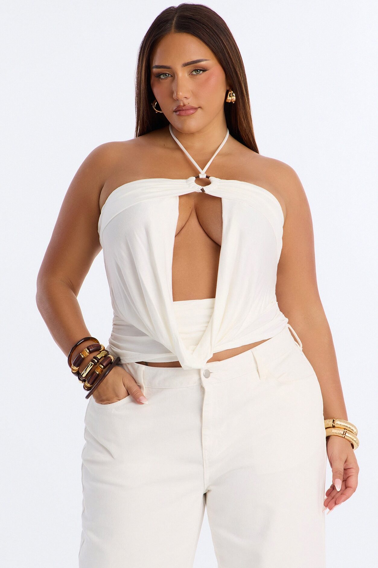 Brazillian Baddie Cowl Hardware Halter Top - White