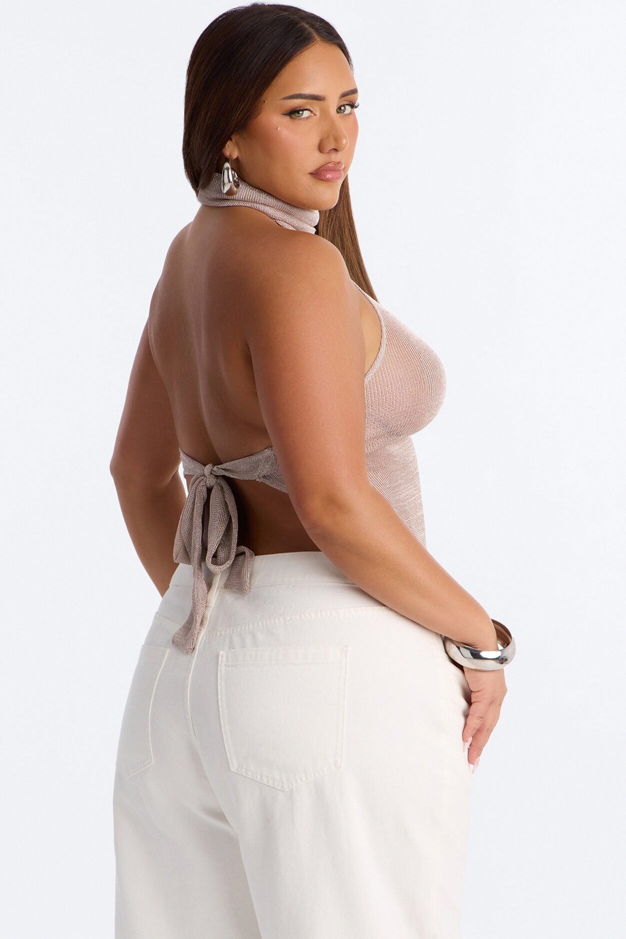 Beach Glow Metallic High Neck Top - Champagne