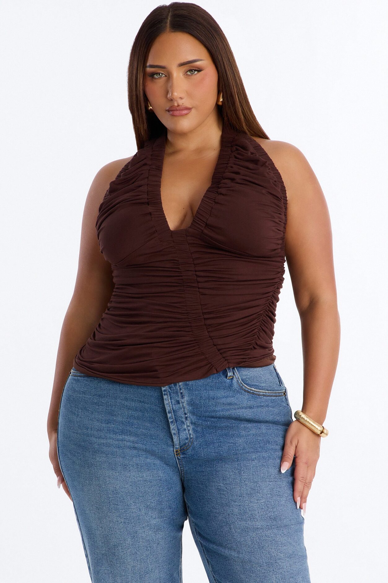 Rianna Ruched Deep V-Neck Tank Top - Brown