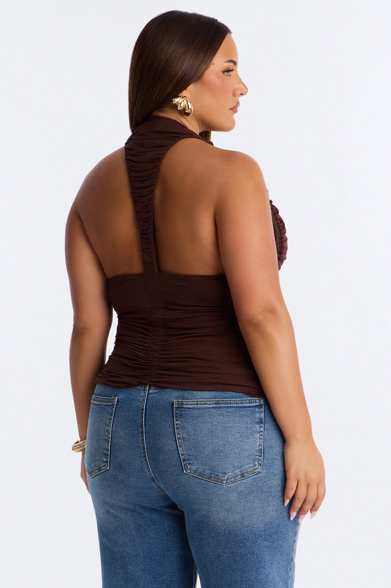 Rianna Ruched Deep V-Neck Tank Top - Brown