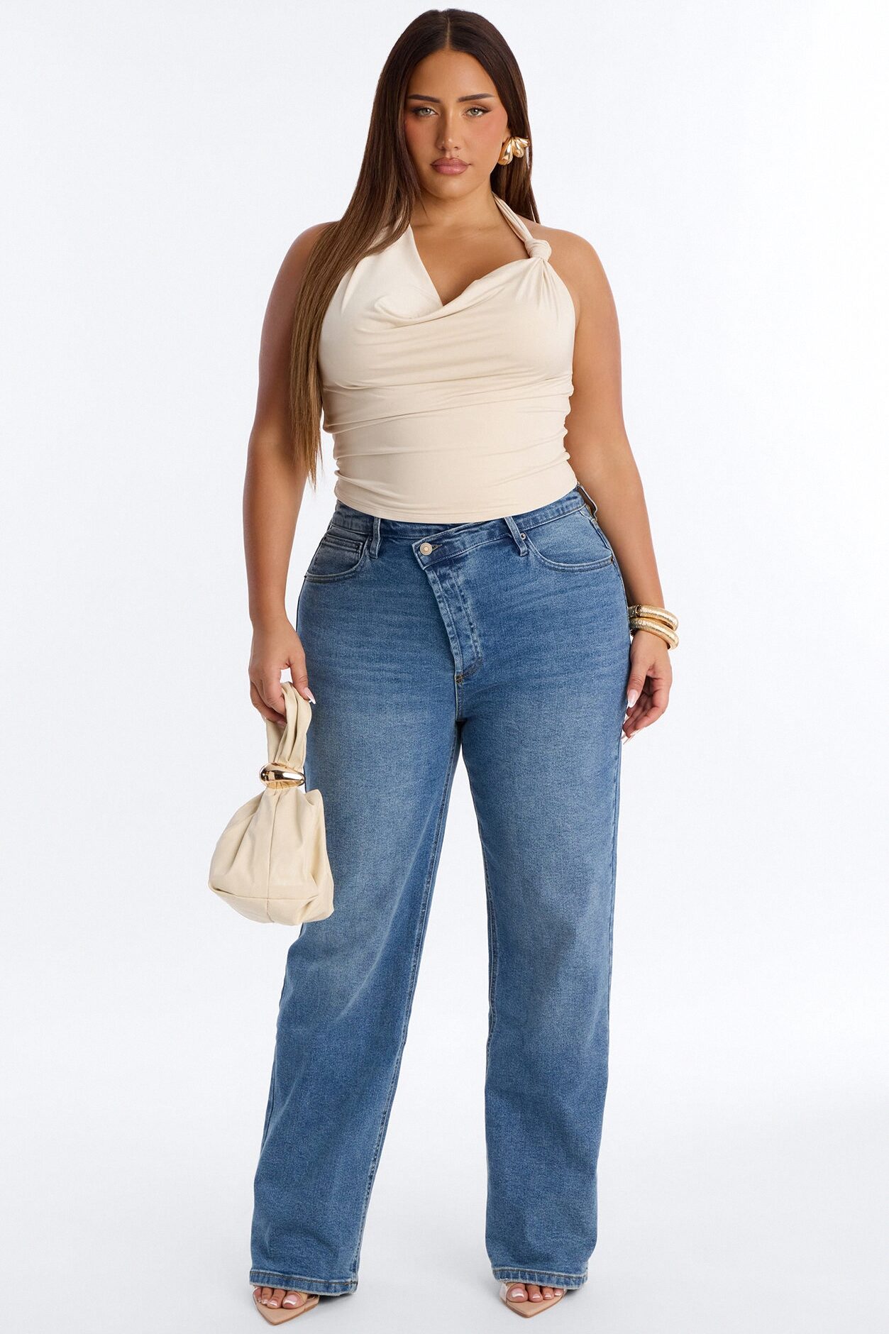 Golden Hour Cowl Neck Knot Halter Top - Cream