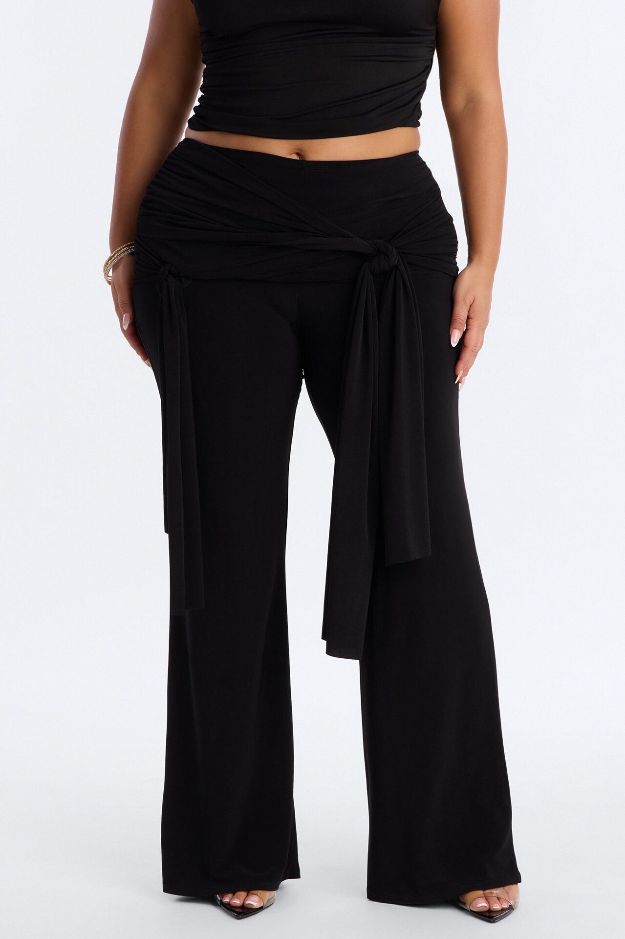 Sakura High Rise Tie Waist Flare Pants - Black