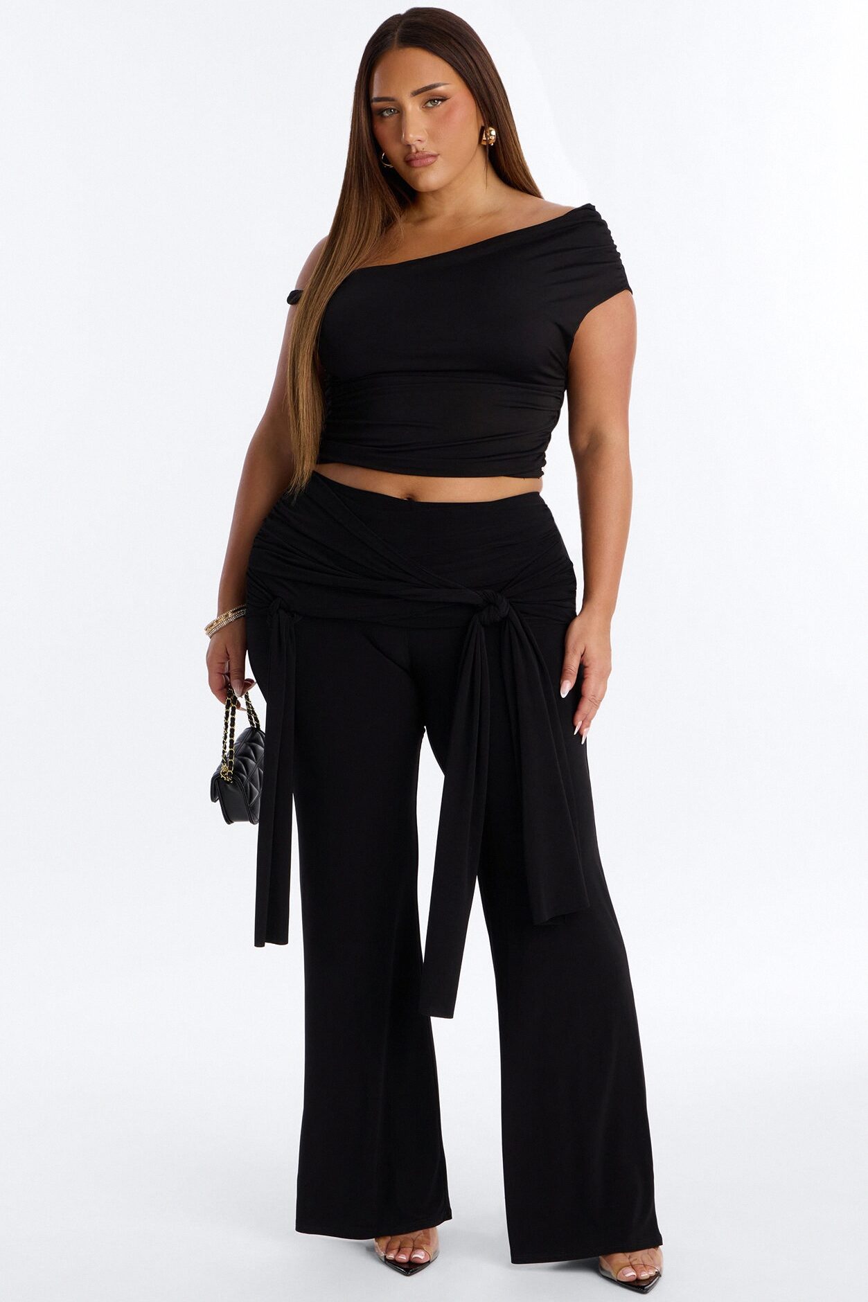 Sakura High Rise Tie Waist Flare Pants - Black