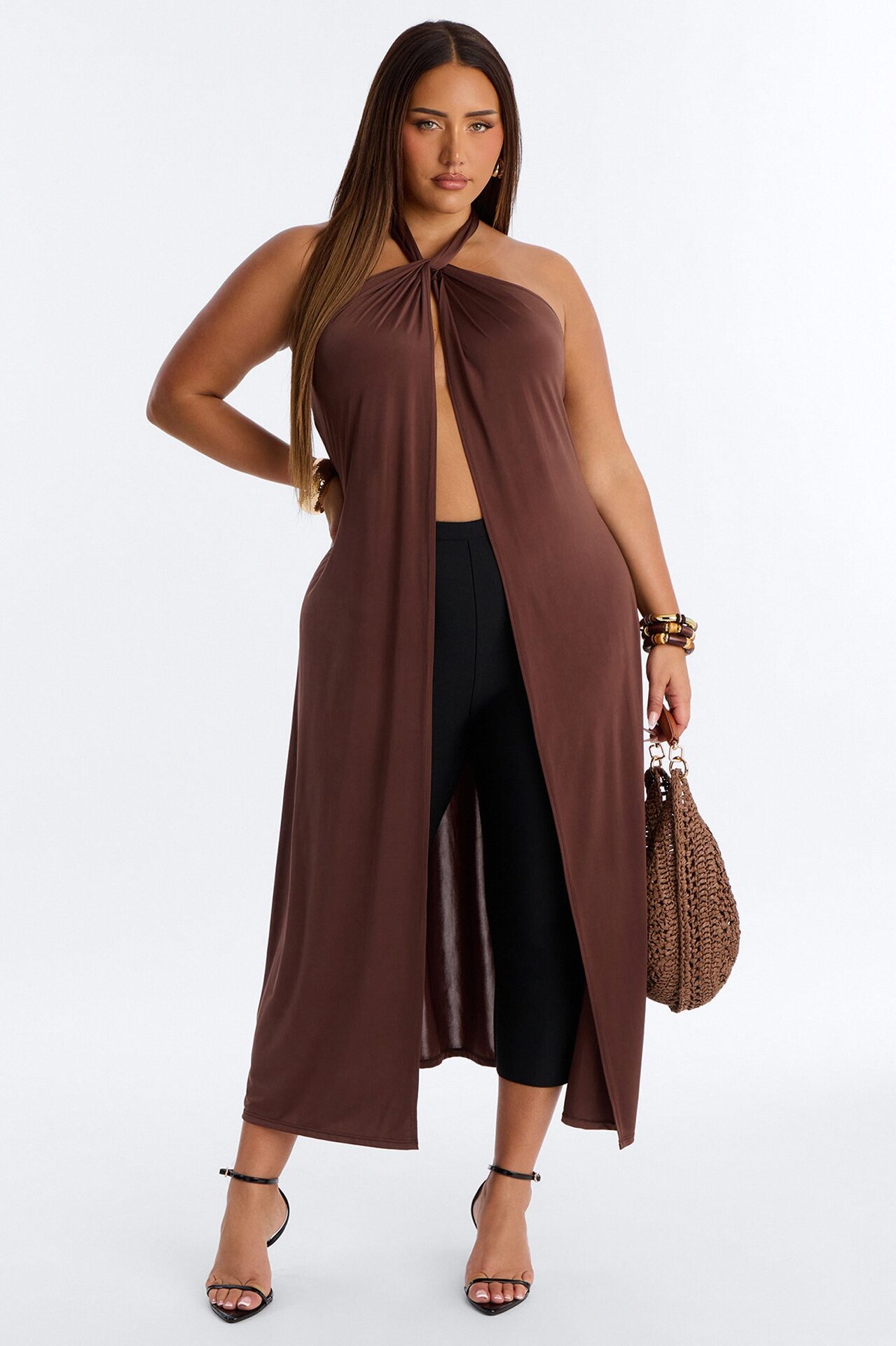 Luna Long Flyaway Low Back Top - Brown