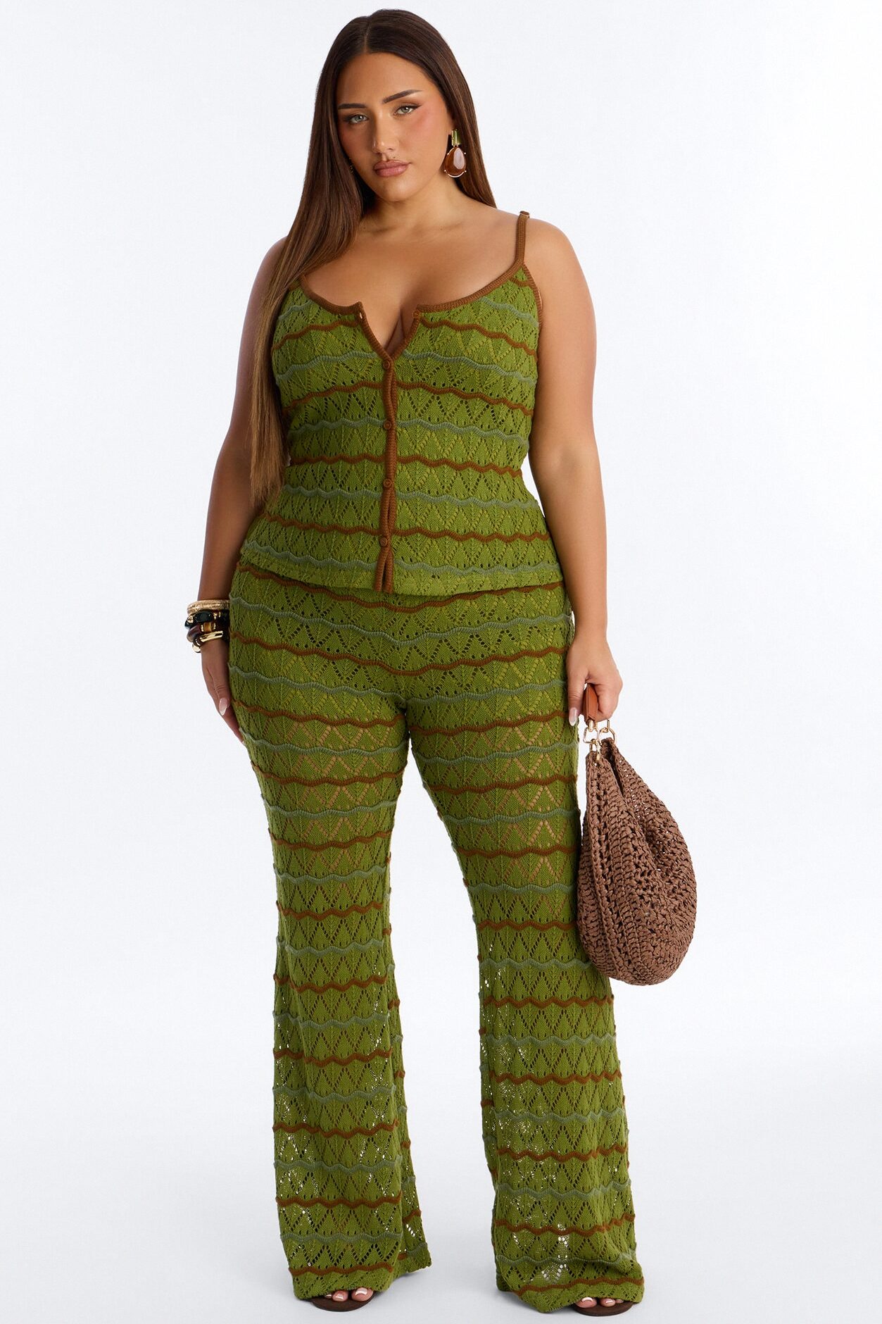 Natalie Flare Crochet Pant Set - Green