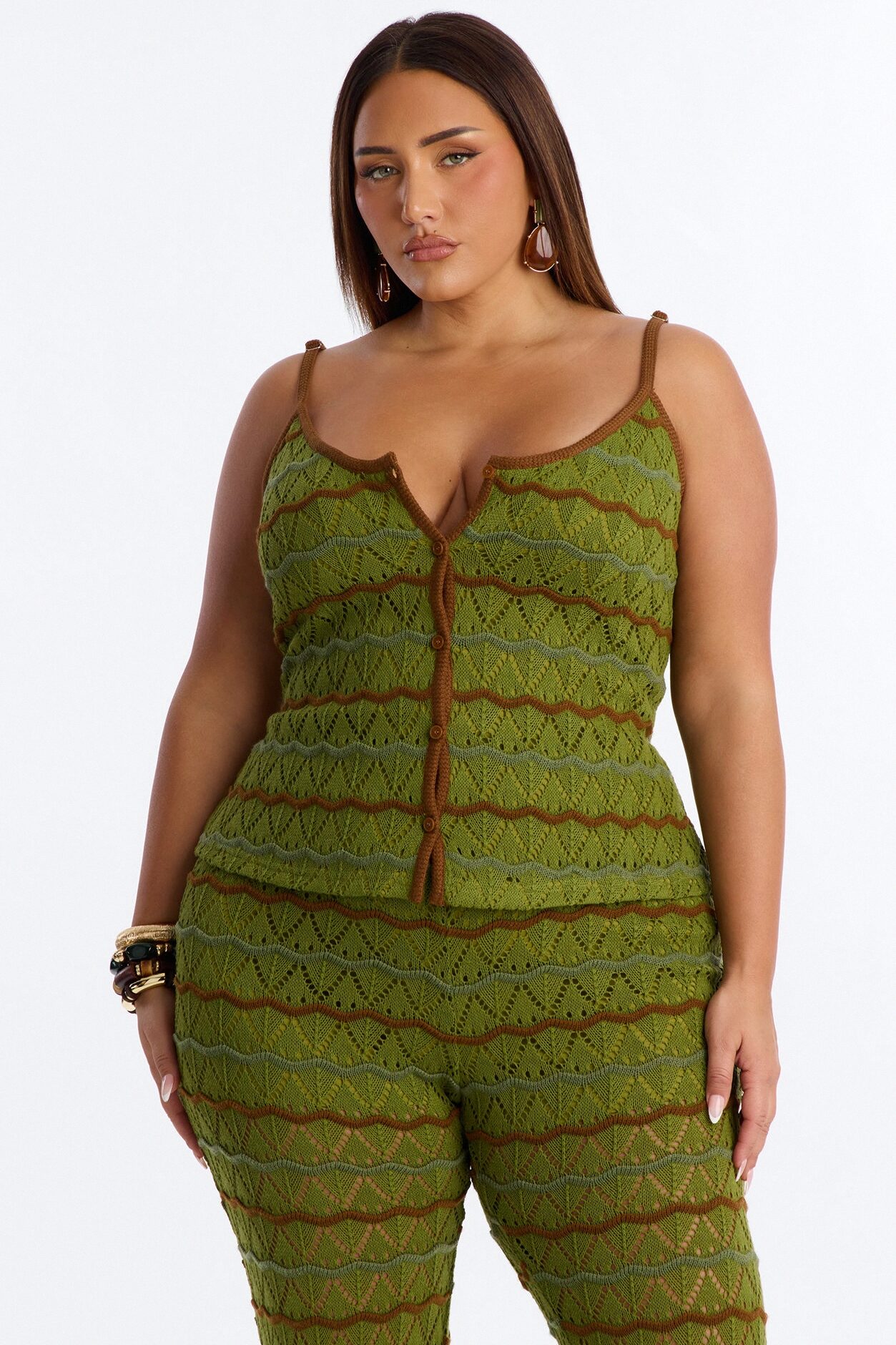 Natalie Flare Crochet Pant Set - Green