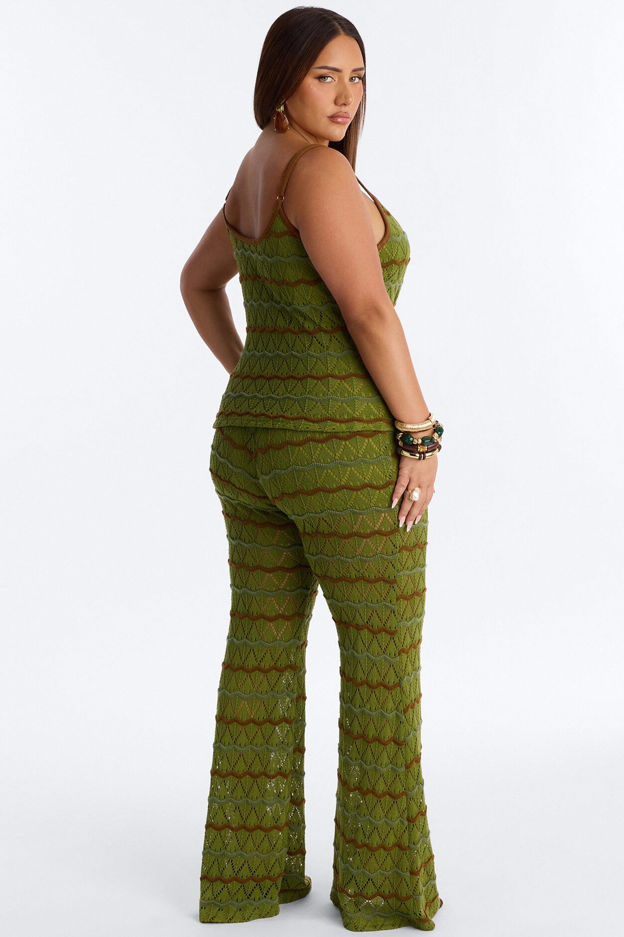 Natalie Flare Crochet Pant Set - Green