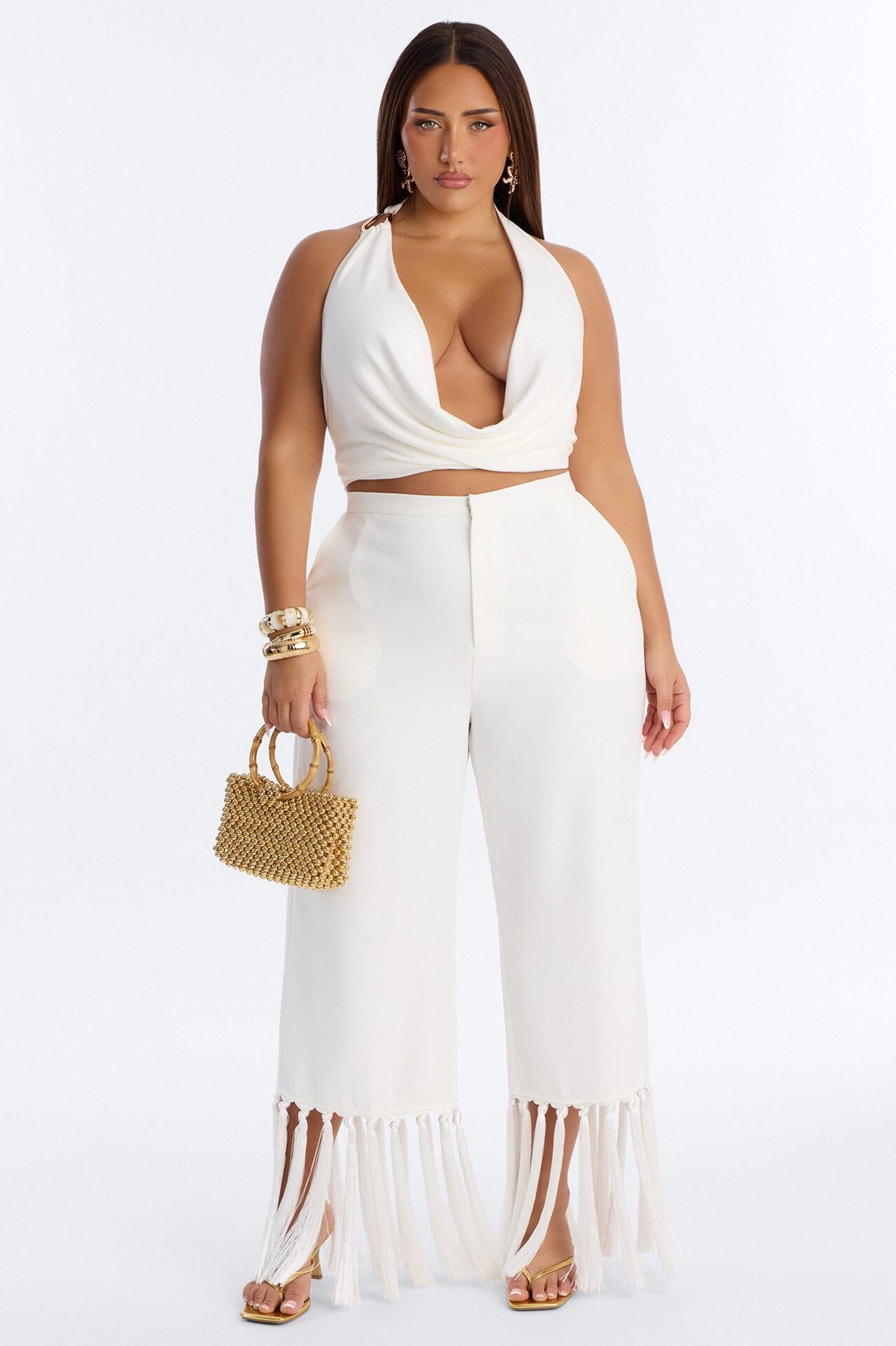 Samantha High Rise Wide Leg Tassel Fringe Trouser - Ivory
