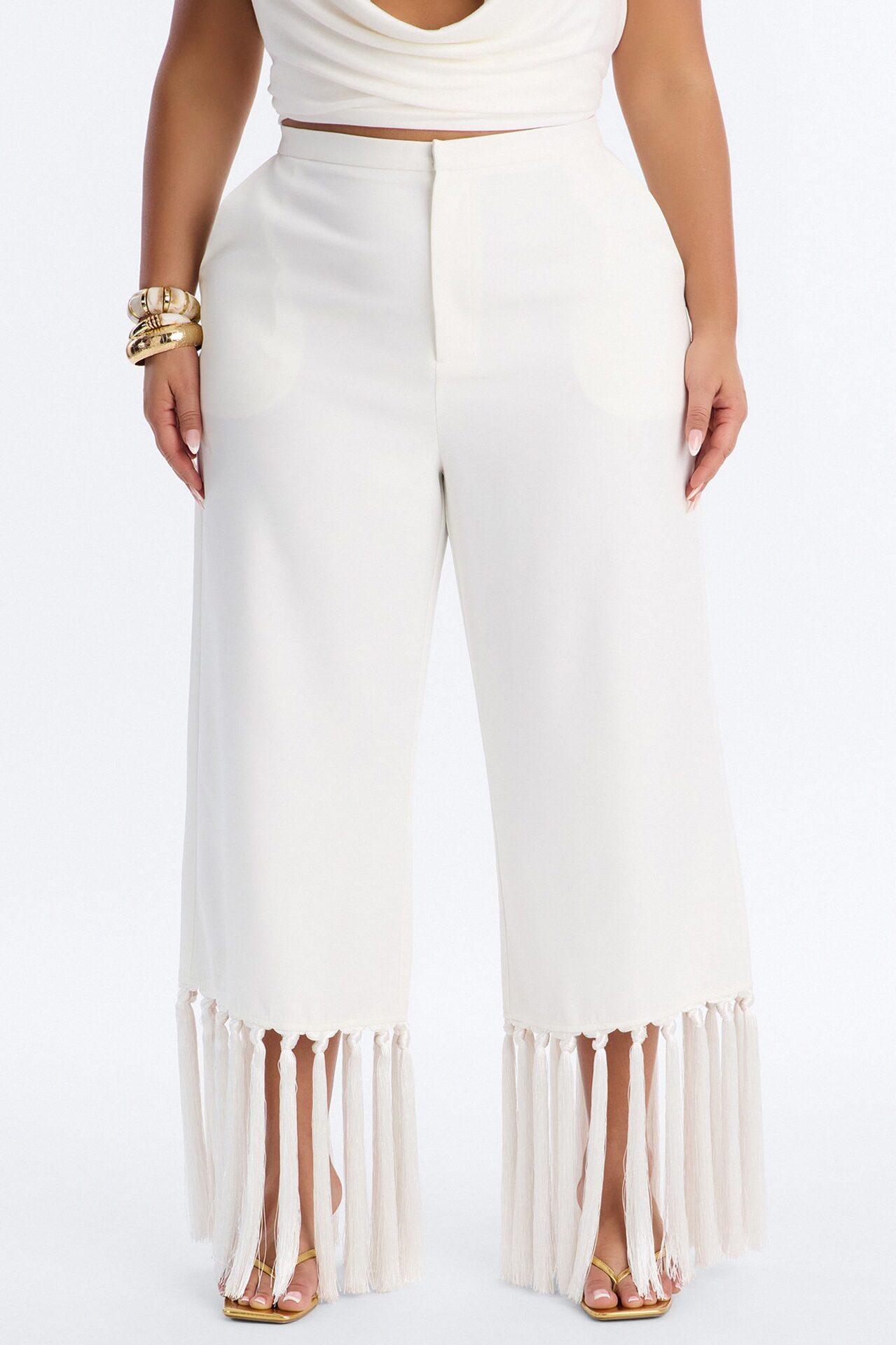 Samantha High Rise Wide Leg Tassel Fringe Trouser - Ivory