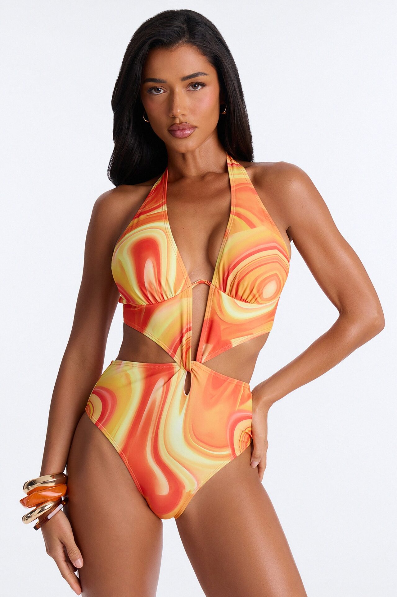 Chasing Sunsets Abstract Underwire Cut Out 1 Piece Swimsuit - Orange/combo