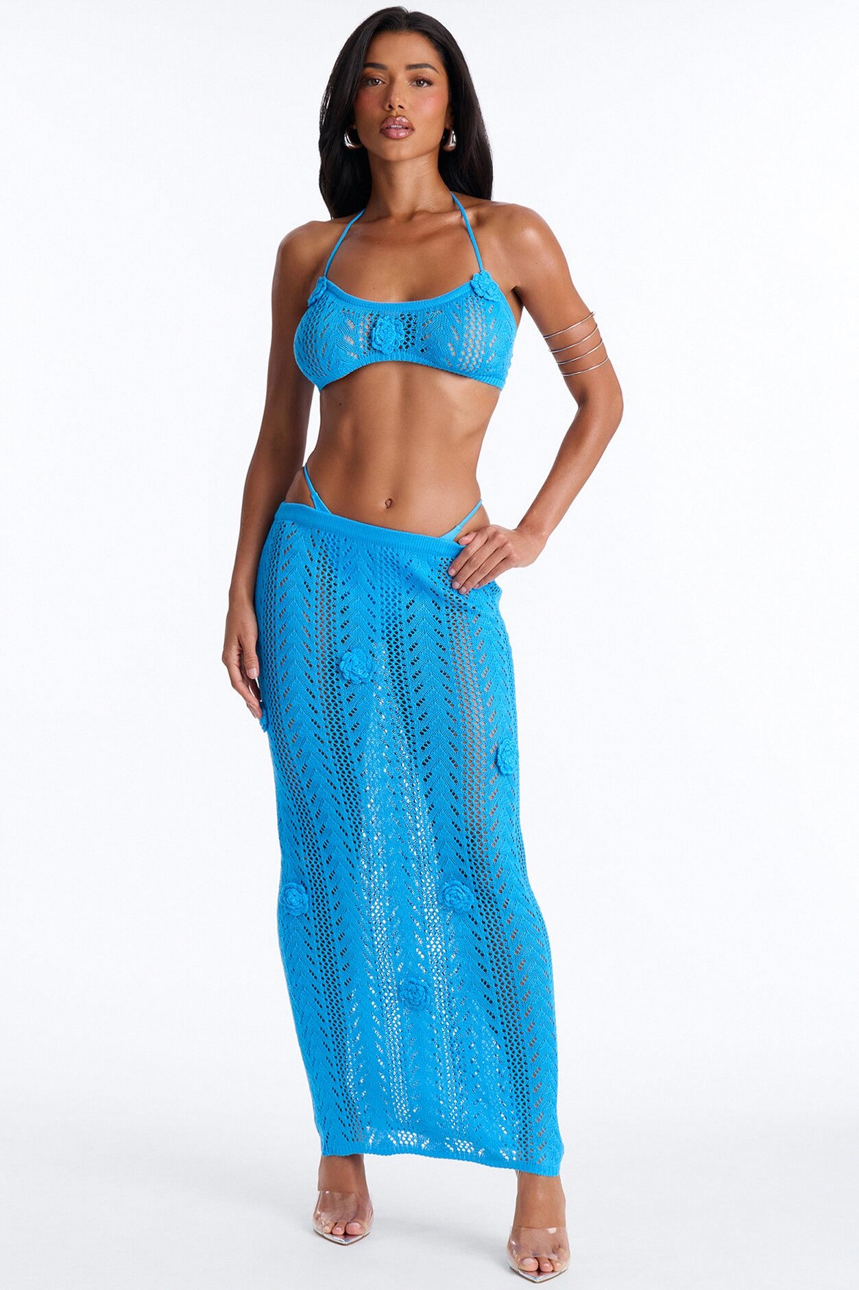 Seas The Bloom 3 Piece Floral Swim Crochet Cover Up Skirt Set - Blue